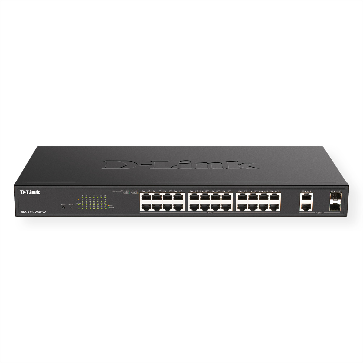 Switch di rete nero, con più porte e logo D-Link.