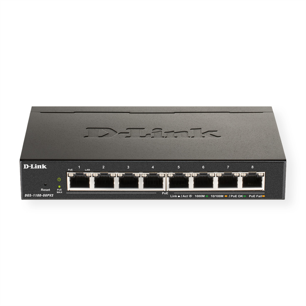 Switch di rete D-Link nero con otto porte, PoE e indicatori.