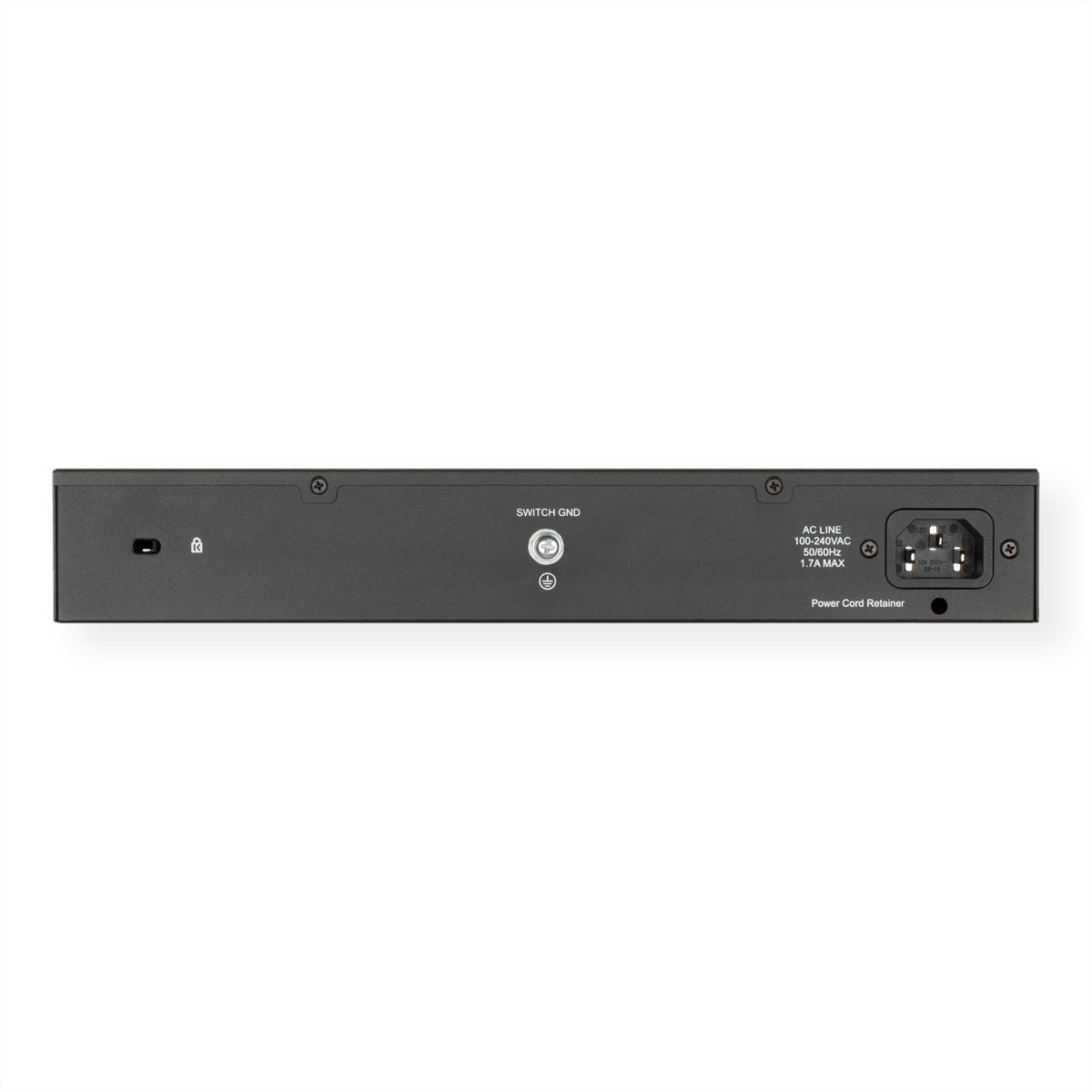 Switch di rete nero con porte, connettore di alimentazione e marcatura switch GND.
