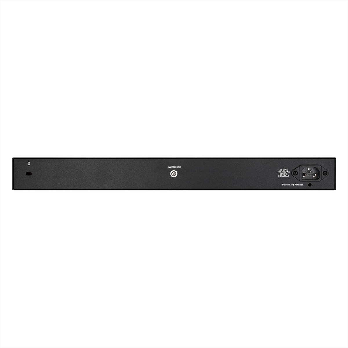 Switch di rete nero con porte sul retro. Cavo di alimentazione, ingresso e etichetta interruttore.