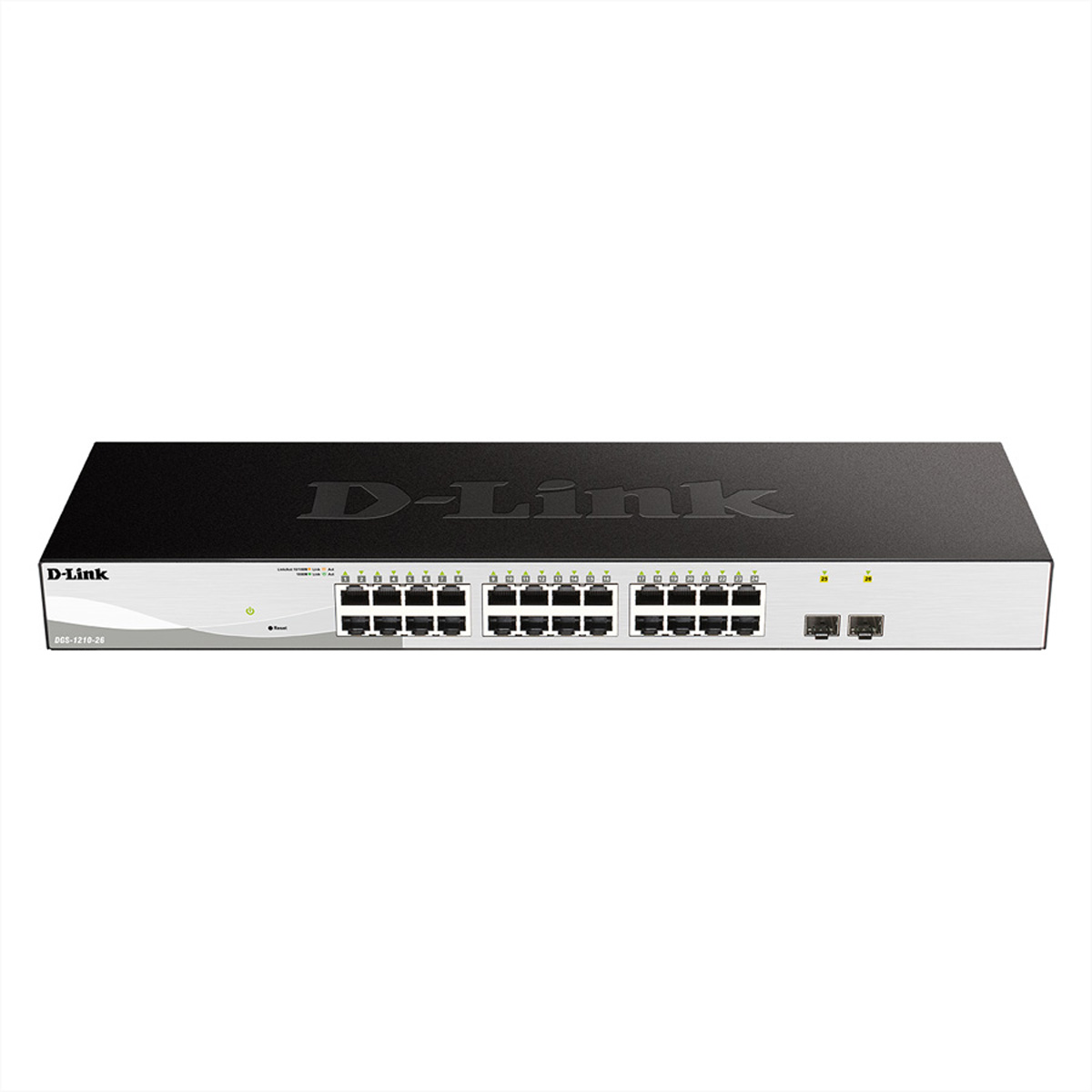 Switch di rete D-Link nero con più porte, frontale argentato e logo D-Link.