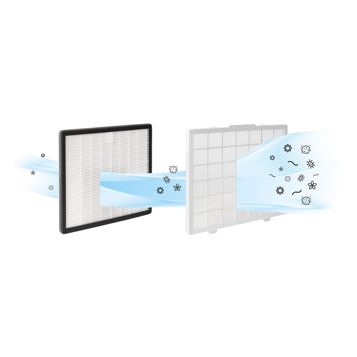 Esquema de filtro de aire. Muestra componentes del filtro y flujo de aire con iconos.