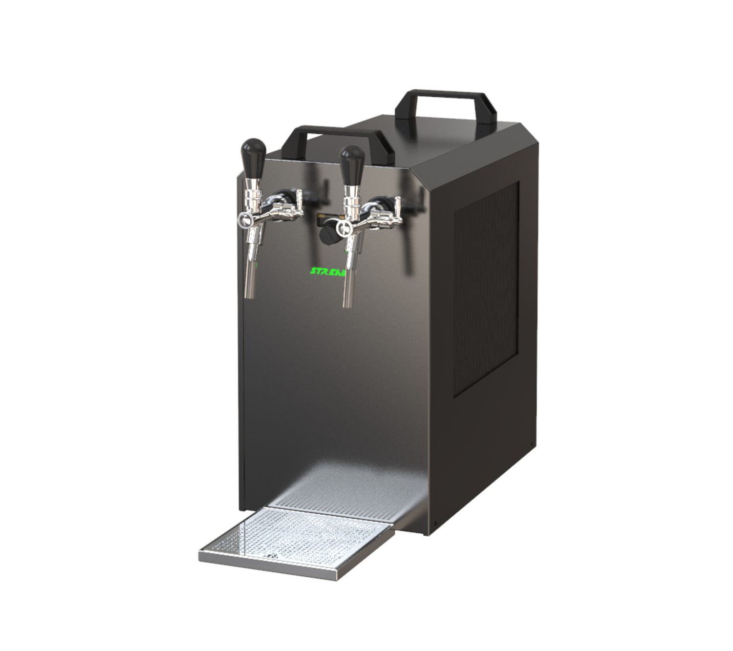 Machine à bière noire avec deux robinets, bac d'égouttement argenté.