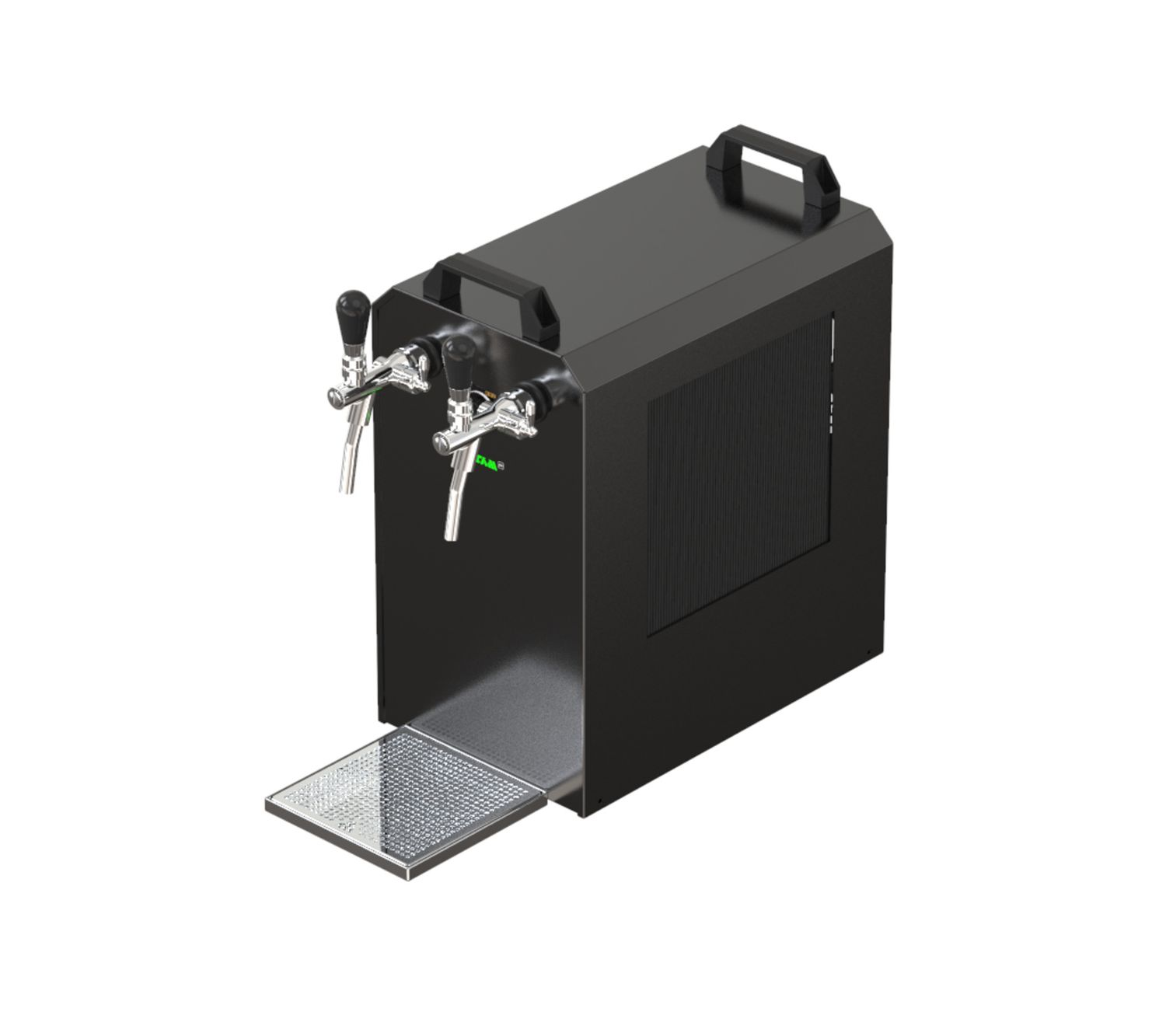 Machine à bière noire avec deux robinets, bac d'égouttement argenté.
