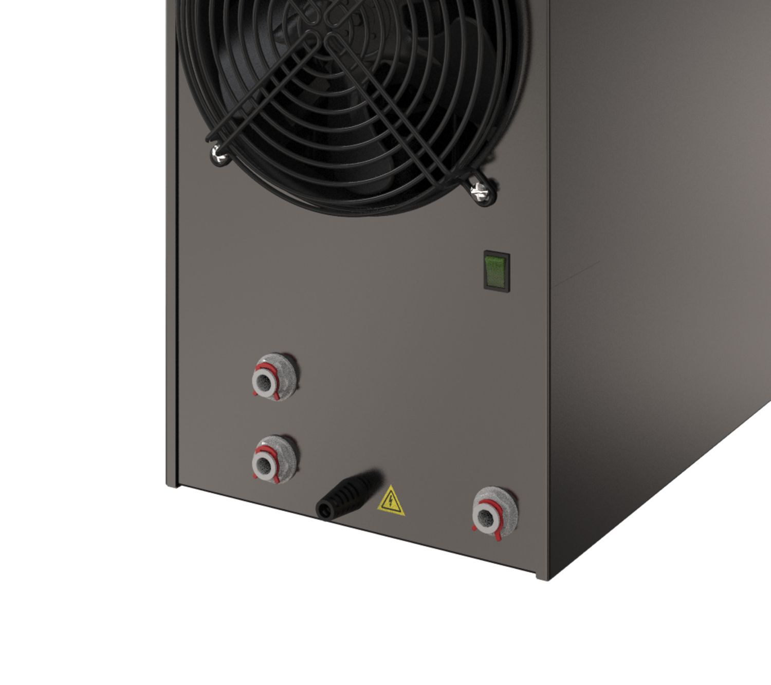 Achterkant van zwart apparaat met ventilator, aan/uit-knop en aansluitingen.