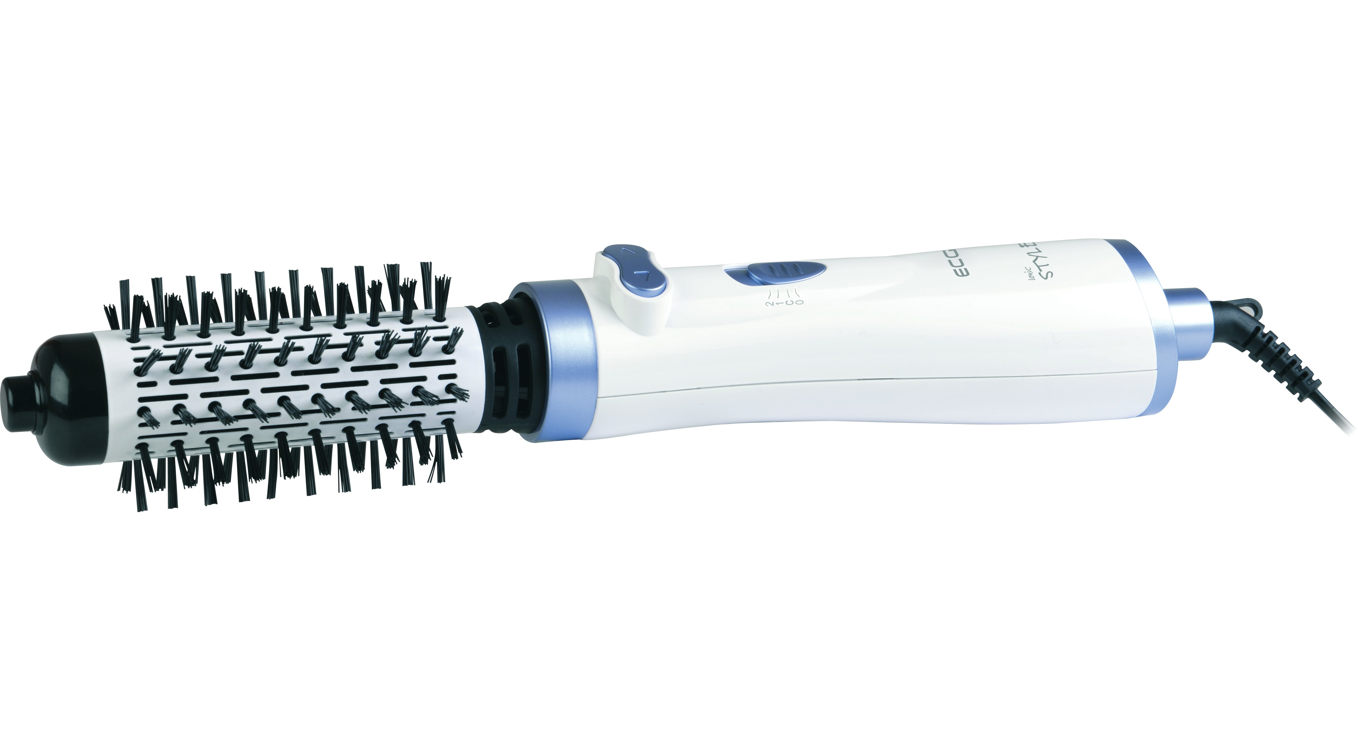 Szczotka do stylizacji włosów, biało-czarna z obrotową głowicą i przewodem zasilającym.