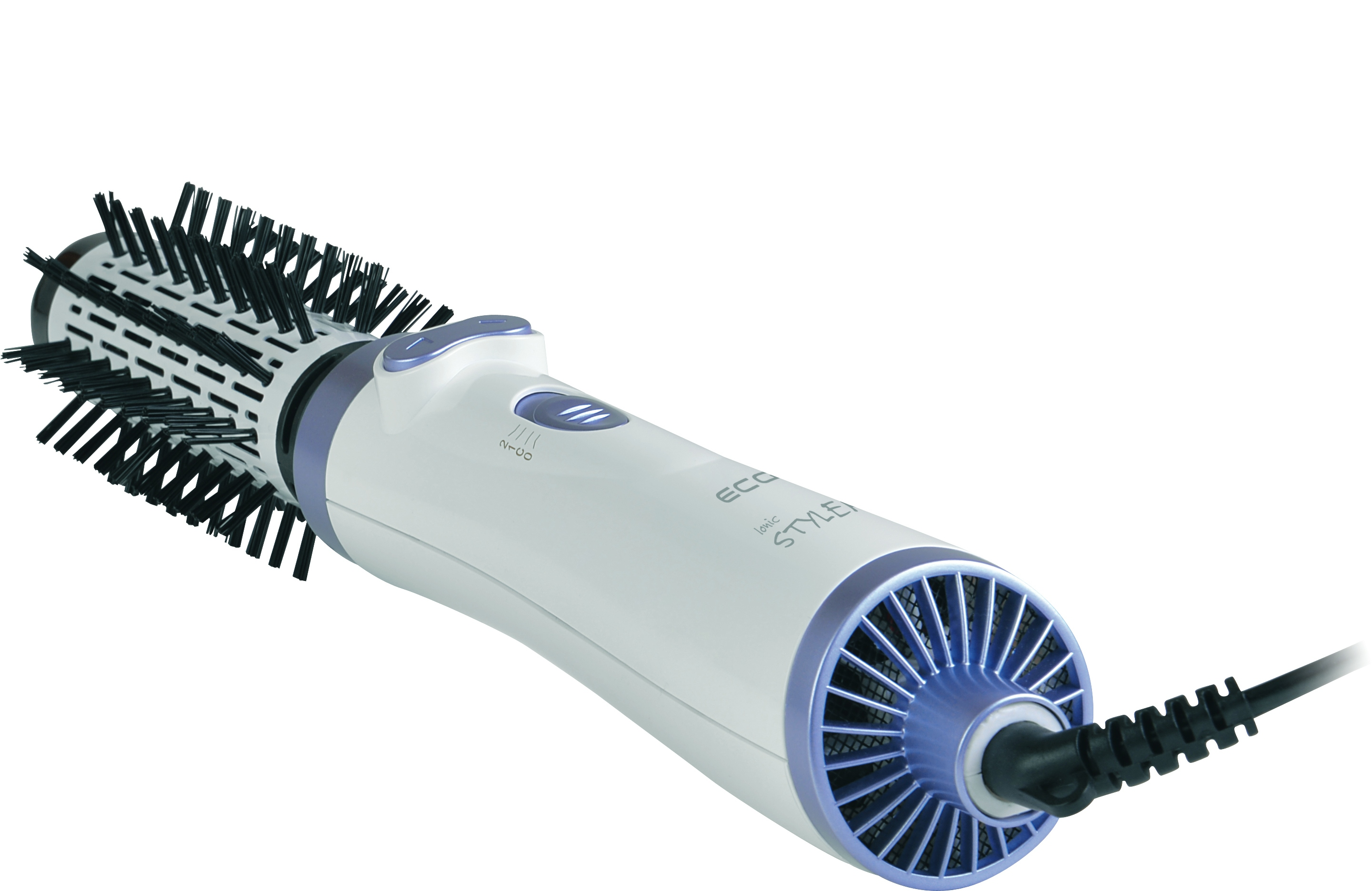 Lokówka na białym tle. Lokówka jest biało-niebieska. Pierwszy plan: lokówka. Tło: białe.