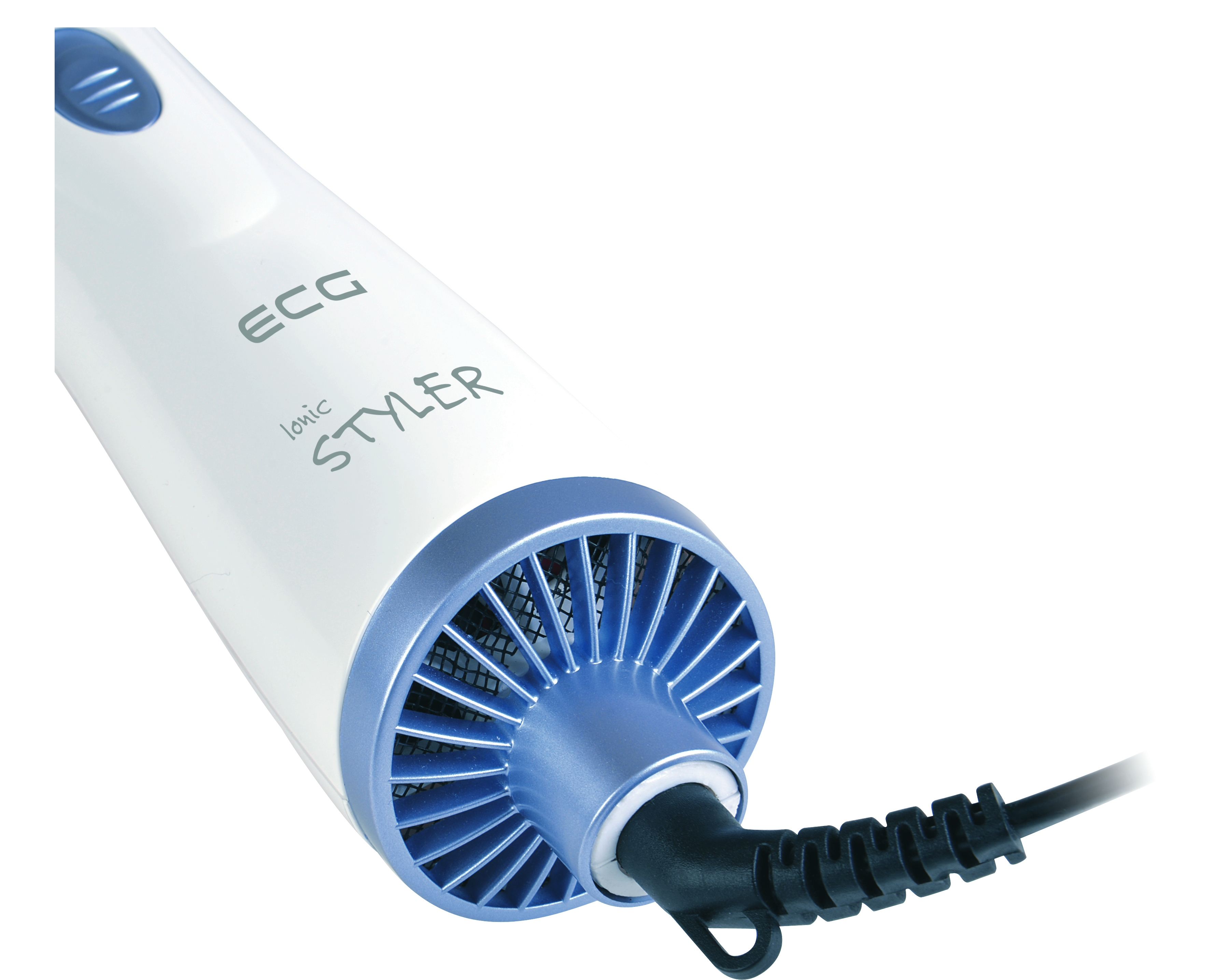 Biało-niebieska stylizacja włosów z przewodem, ujęcie pod kątem, na białym tle.