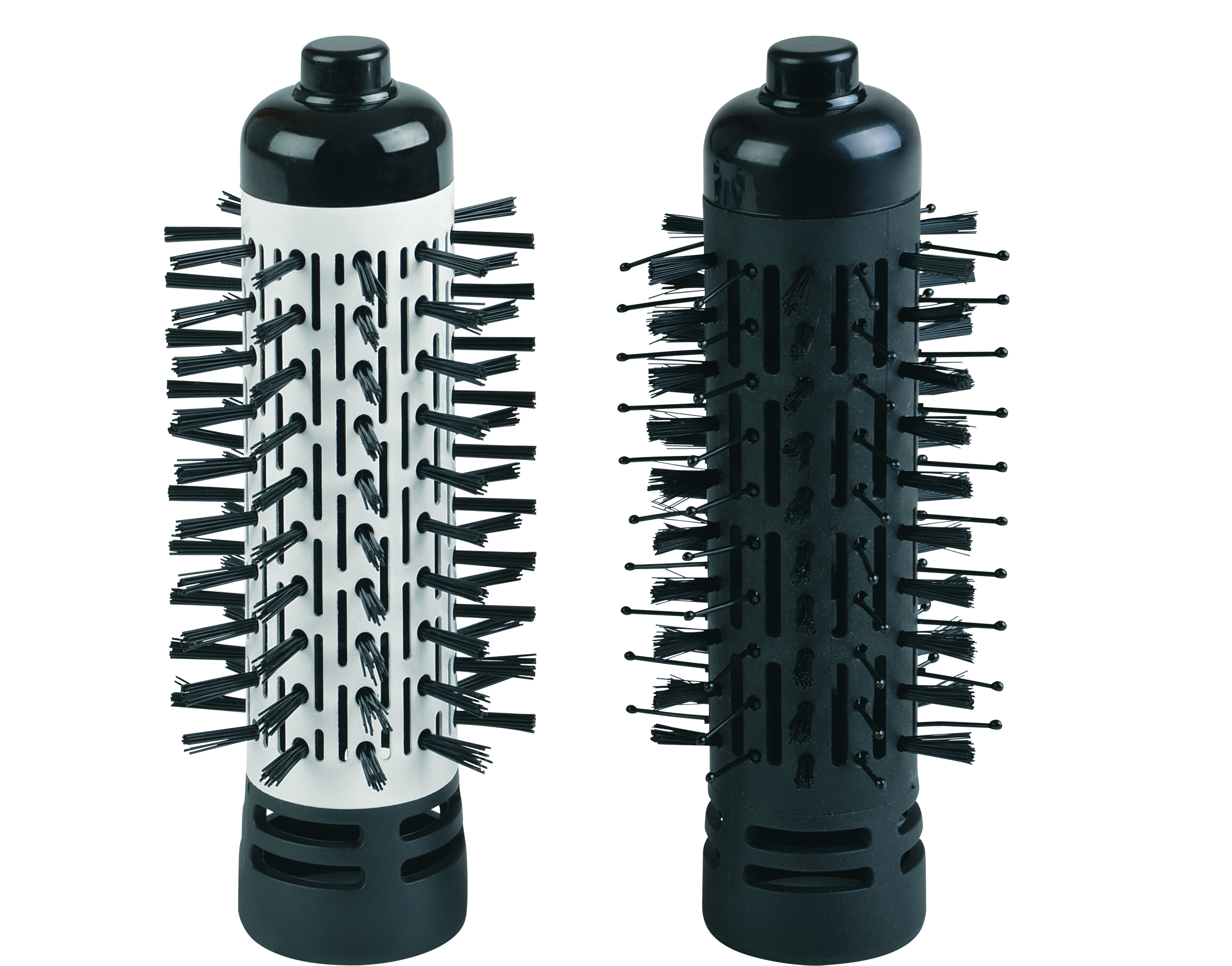 Dwie szczotki do suszarki do włosów, jedna czarno-biała, druga czarna.