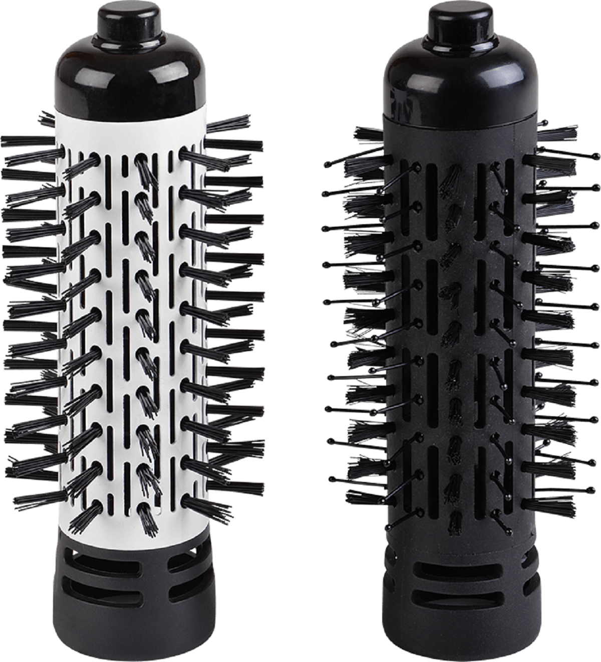 Dwa nasadki do szczotki do włosów, jeden biały, jeden czarny z włosiem.