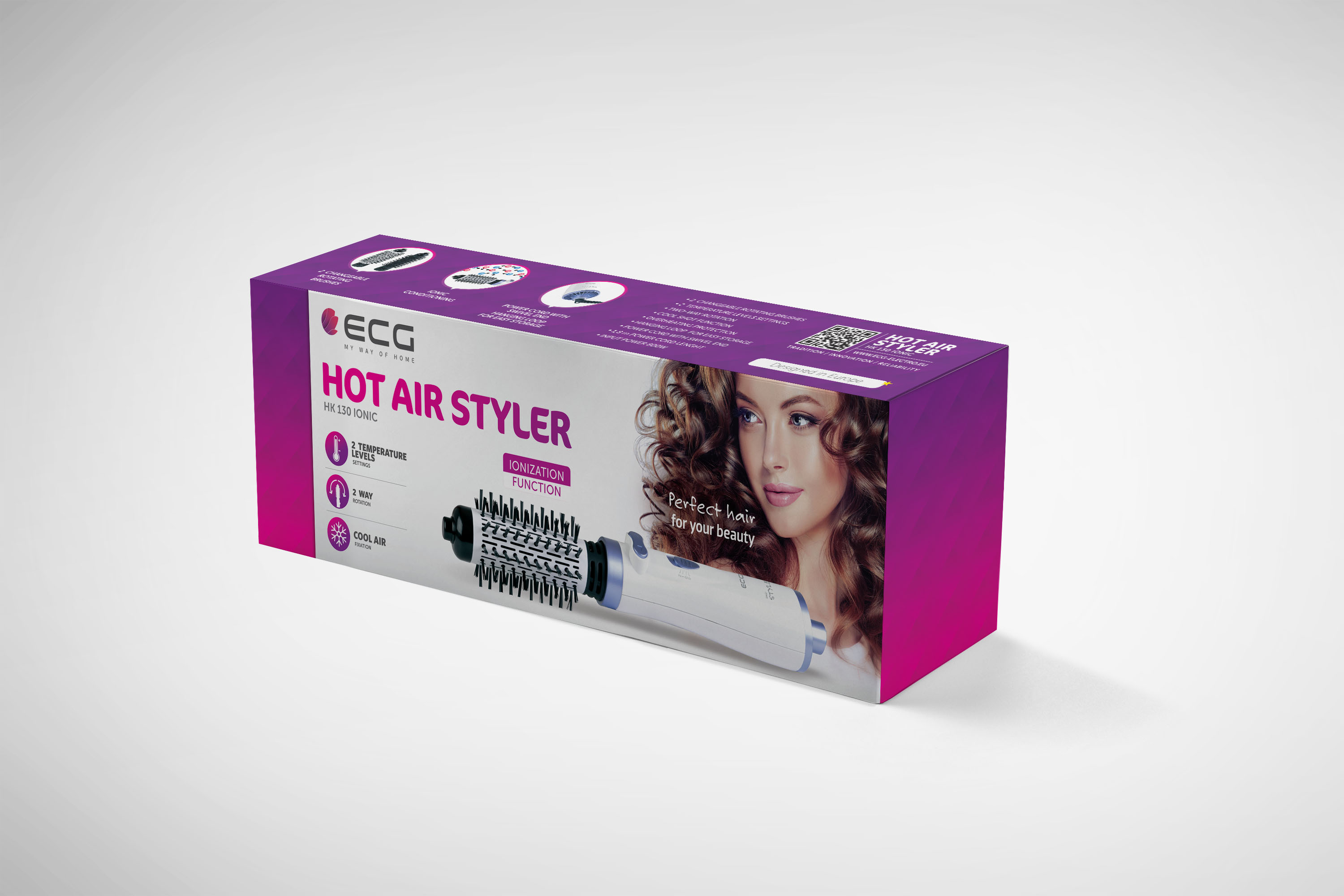 Pudełko do stylizacji włosów z twarzą kobiety z boku i szczegółami produktu na białym tle.