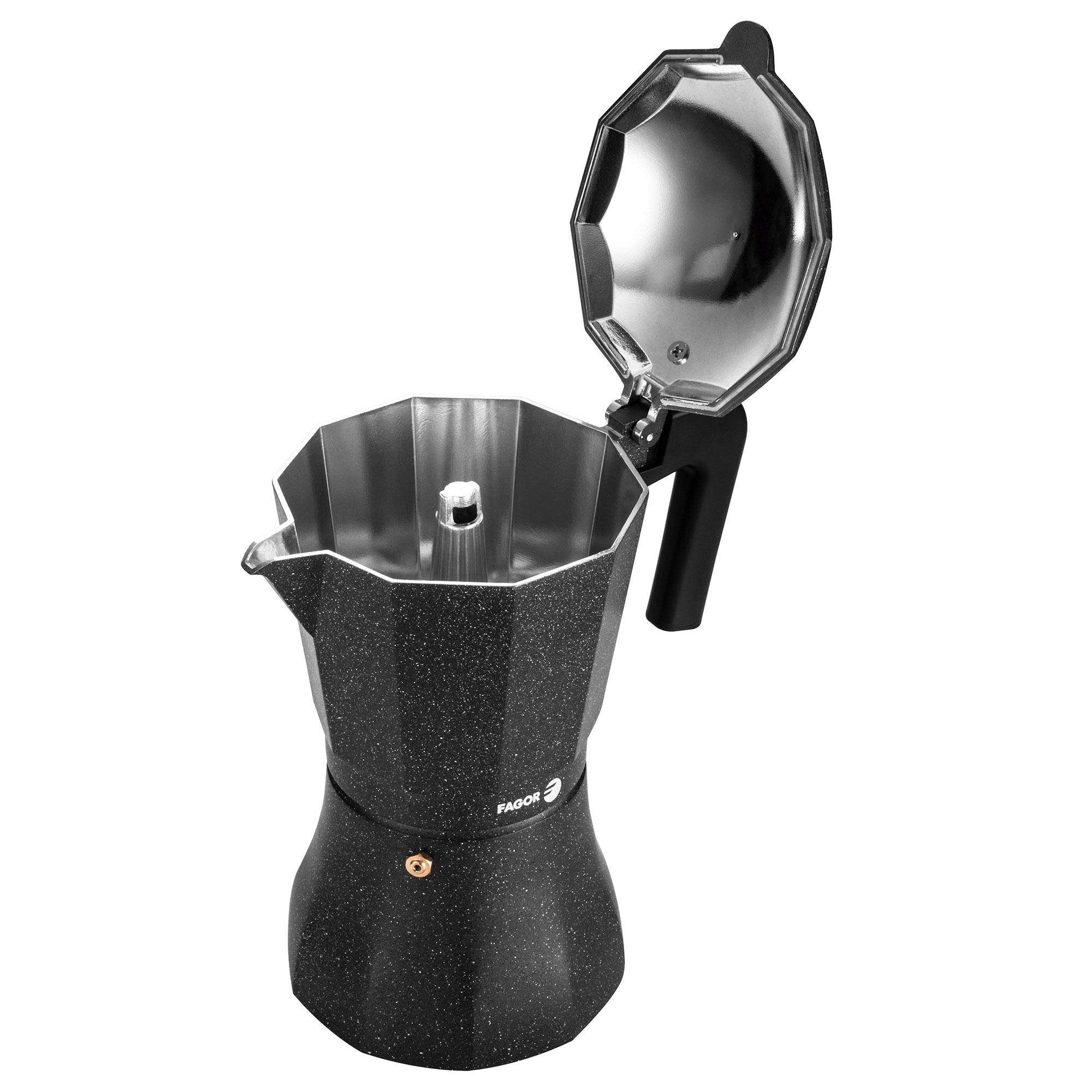 Cafetera moka negra y plateada con la tapa abierta. Está sobre un fondo blanco.
