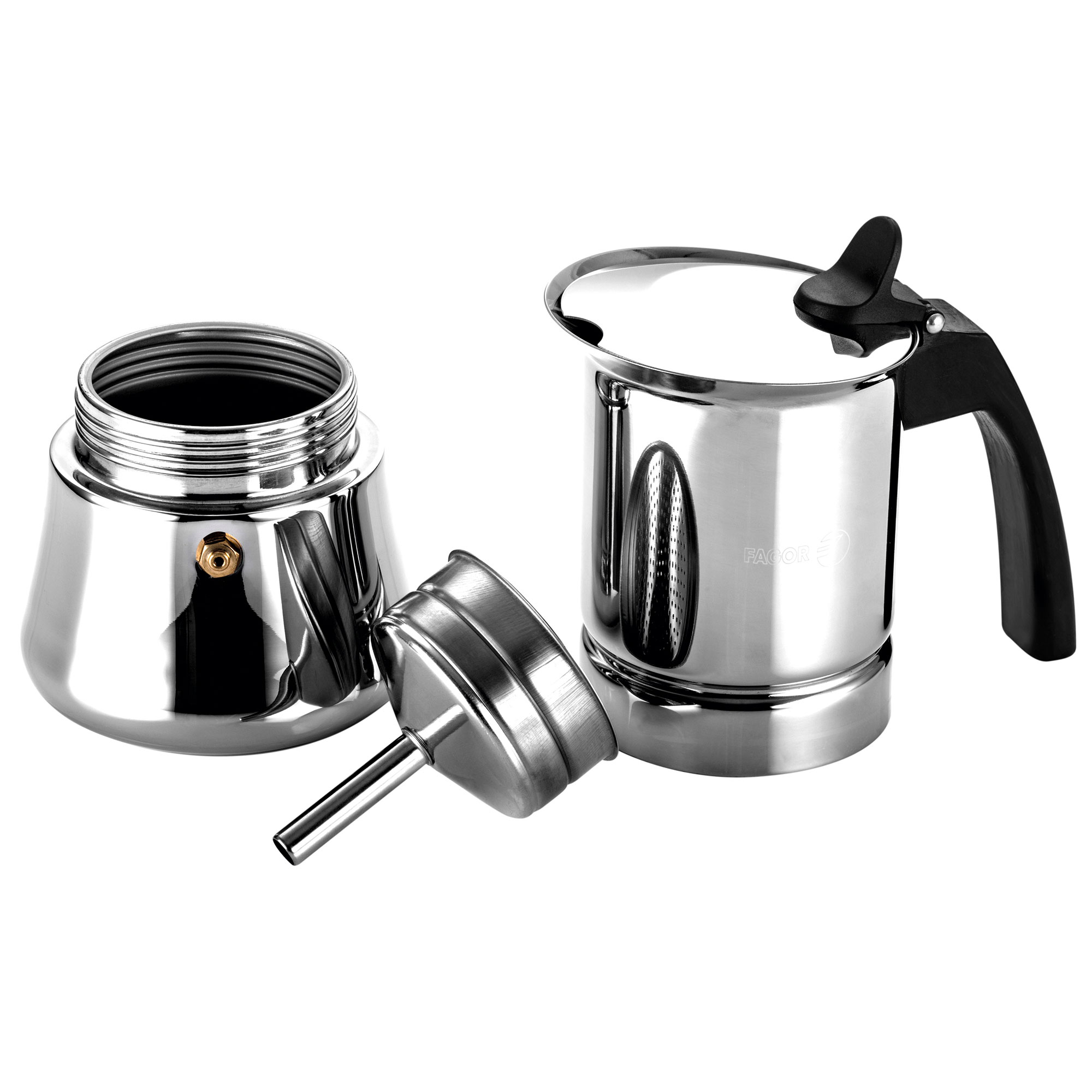 Una cafetera de metal en tres partes: una base, un filtro y la cámara superior con un asa negra.