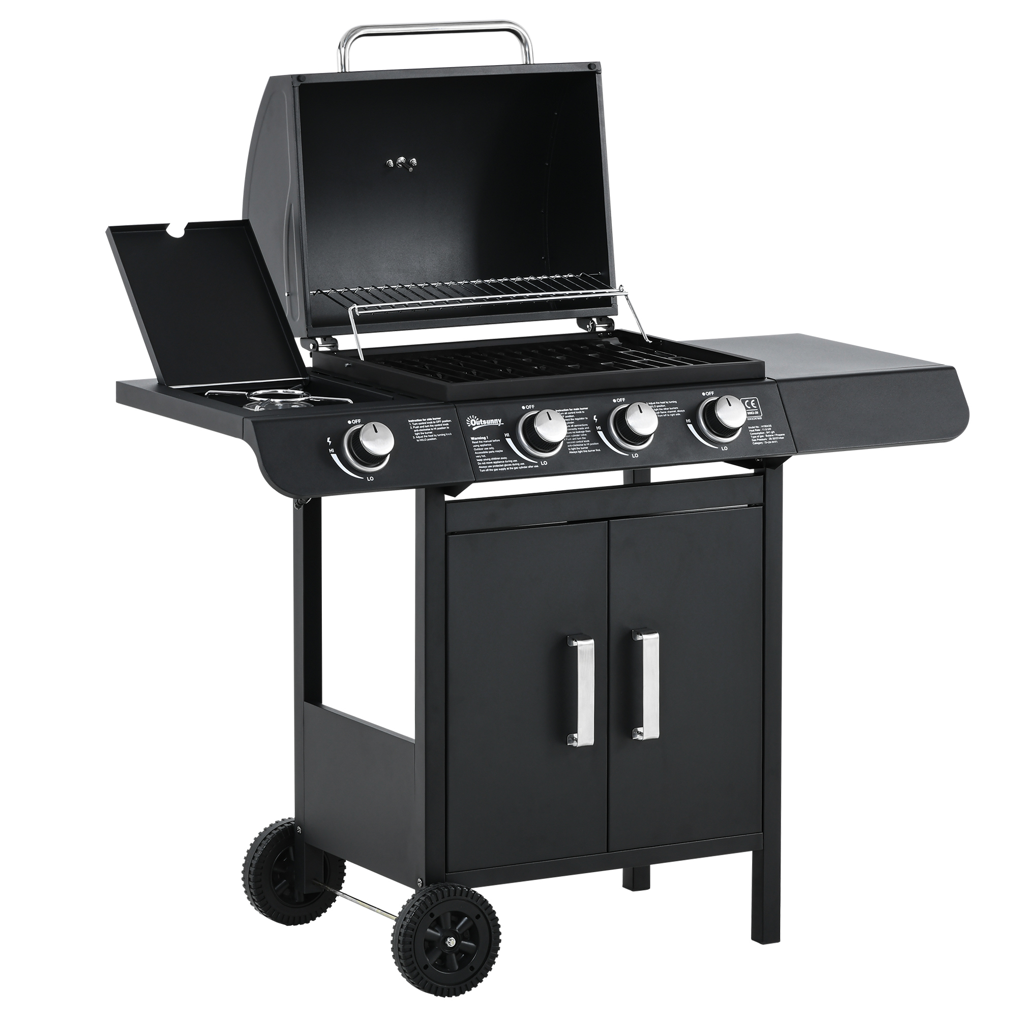 Barbacoa de Gas - 3+1 Quemadores 11,6 KW OUTSUNNY, Negro