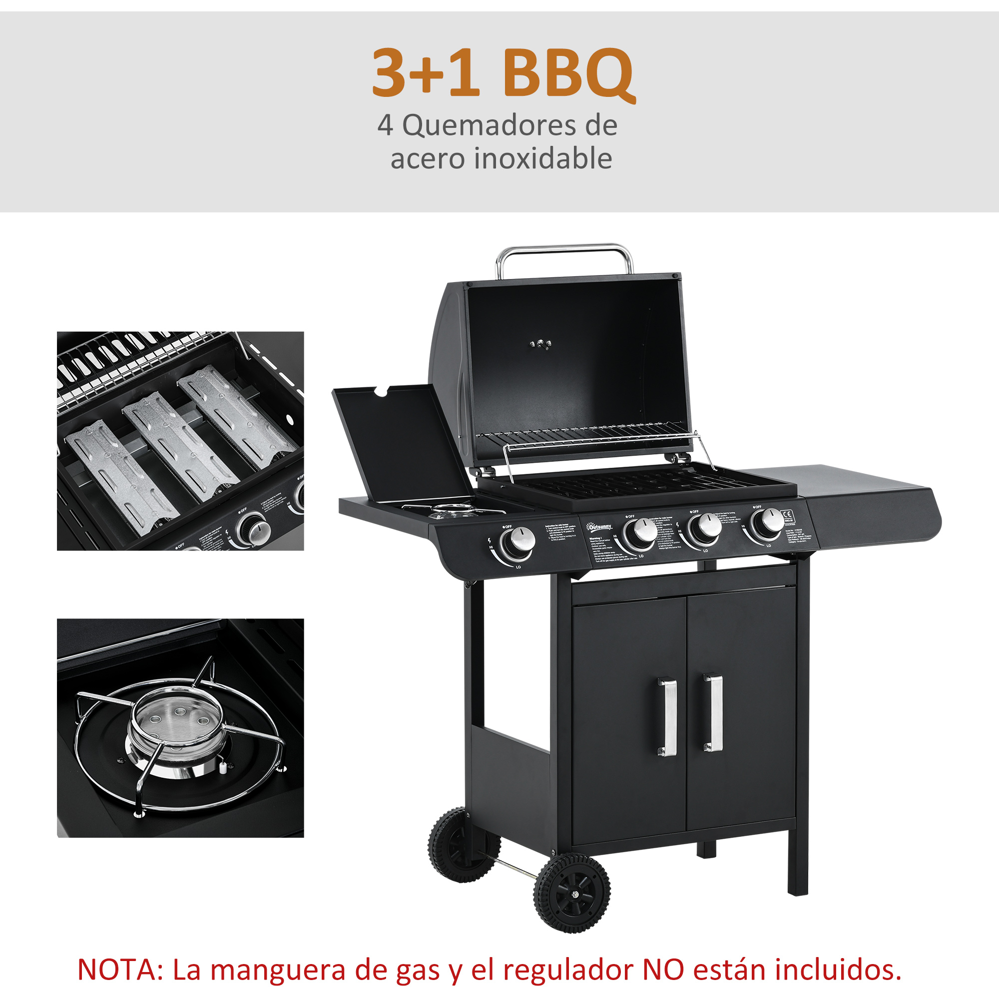Una parrilla de gas negra con interior de acero inoxidable. Incluye inserciones de los quemadores y del quemador lateral.