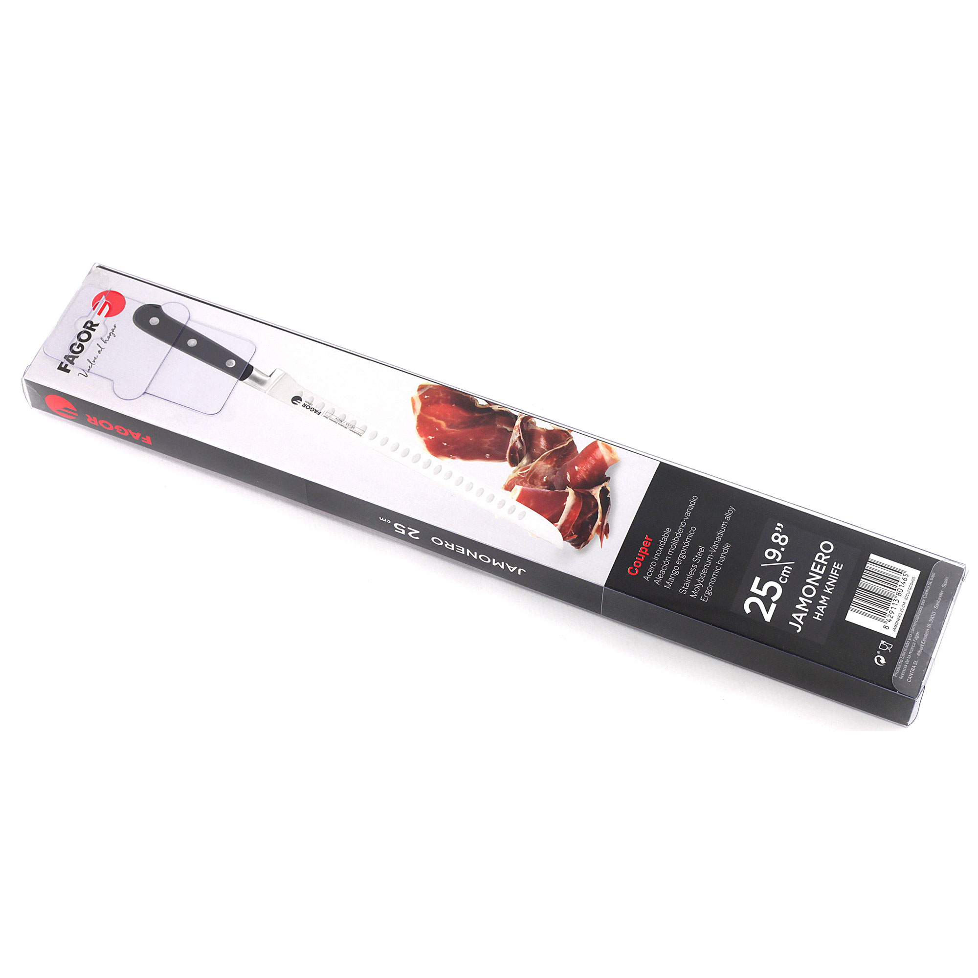 Cuchillo jamonero en caja. Mango negro, hoja plateada. Caja: roja, negra y blanca con texto.