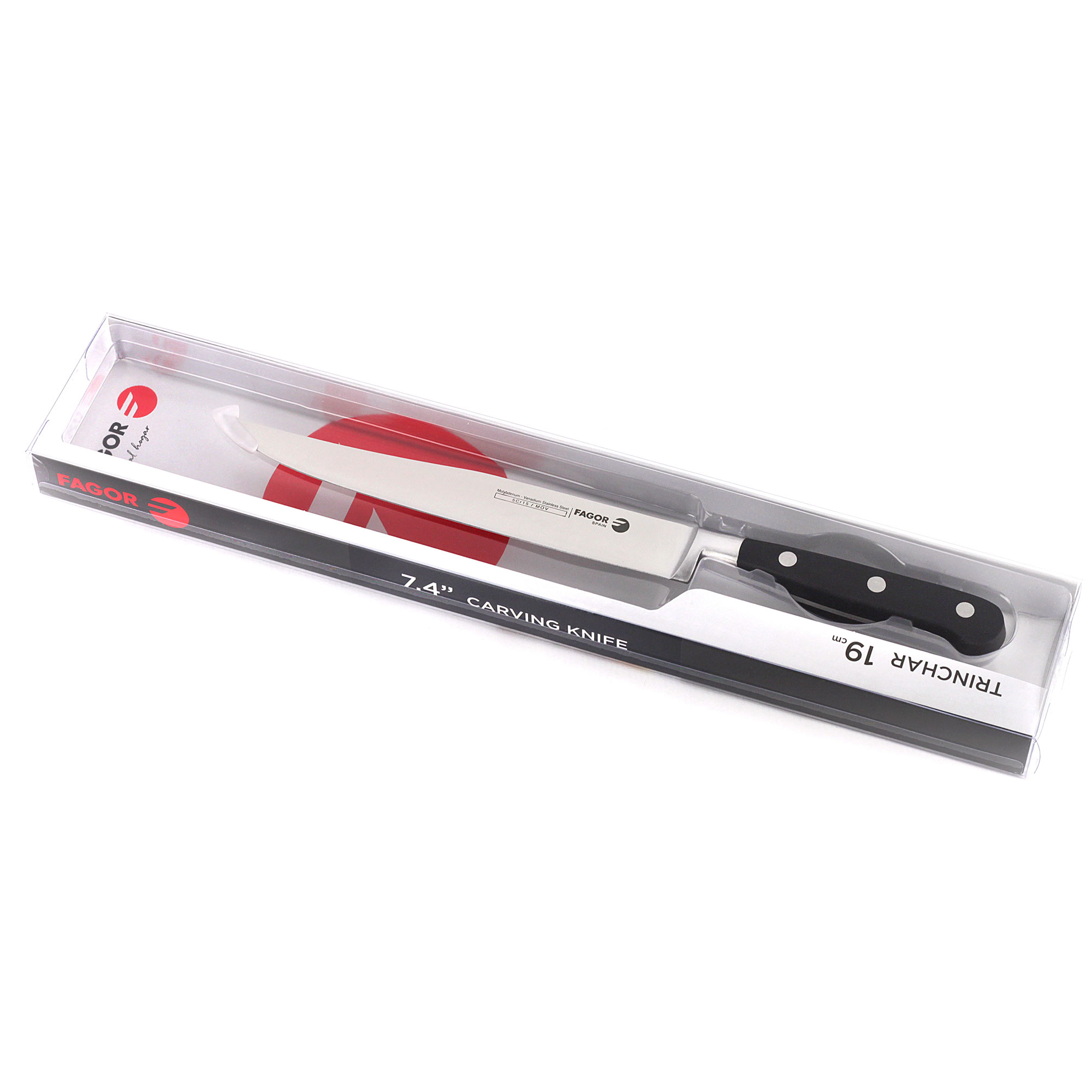 Cuchillo para trinchar Fagor en embalaje transparente, con mango negro y hoja plateada.