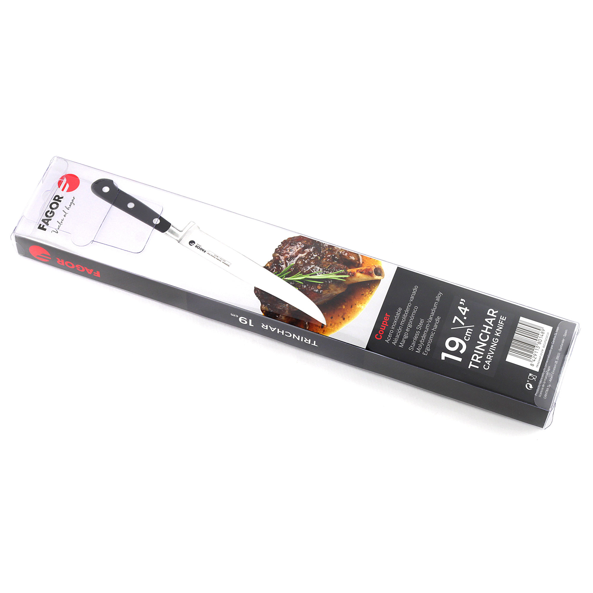 Cuchillo para trinchar en caja, mostrando bistec y adorno de romero.