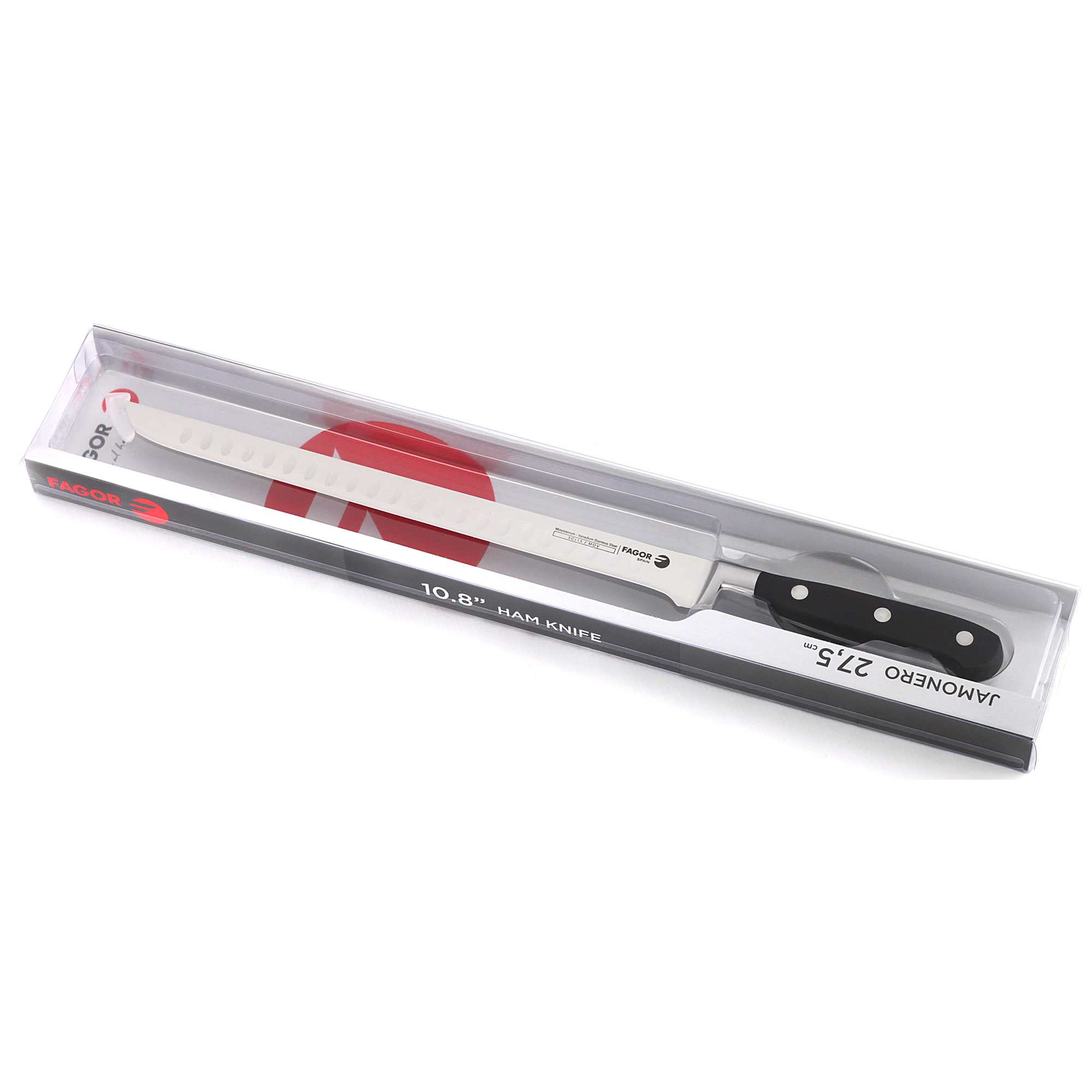 Un cuchillo jamonero, de 10,8 pulgadas de largo, se exhibe en una caja de plástico transparente, sobre un fondo blanco.
