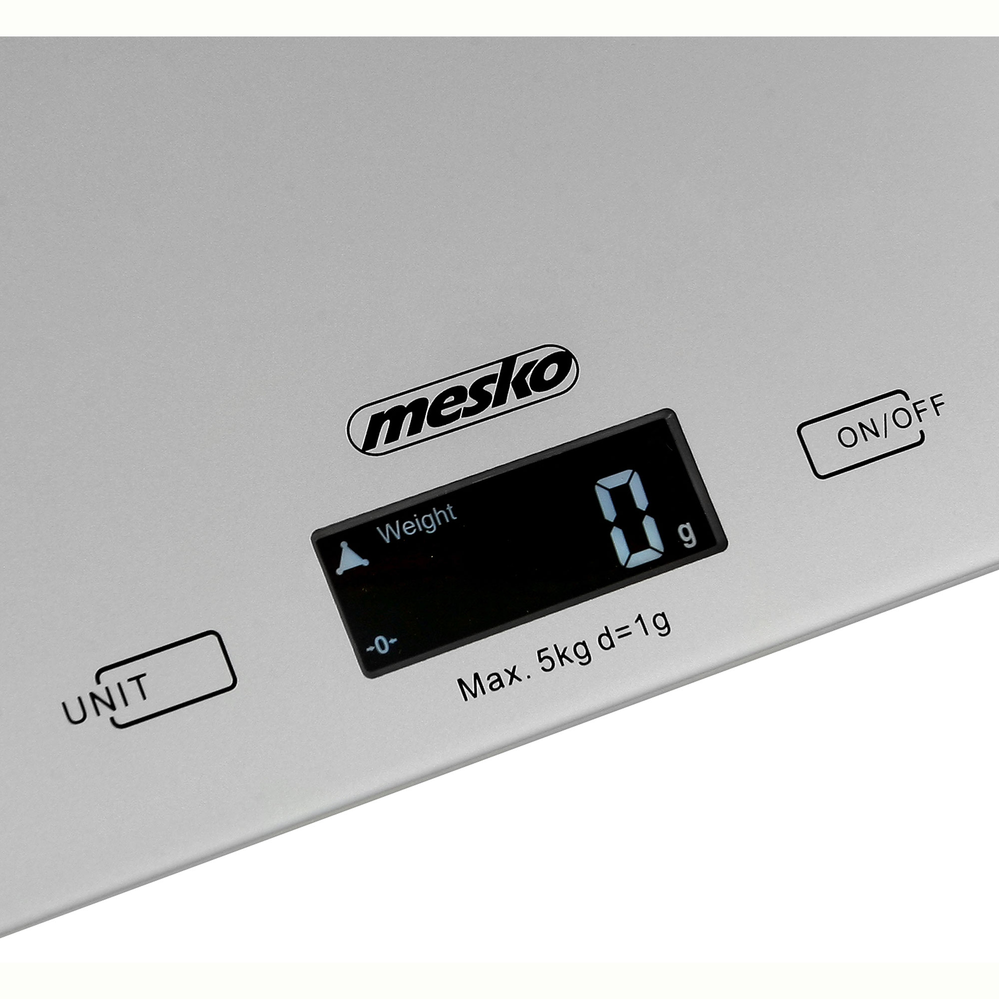 Cyfrowa waga kuchenna z napisem 'mesko'. Wyświetla '0 g'. Ma przyciski 'UNIT' i 'ON/OFF'.
