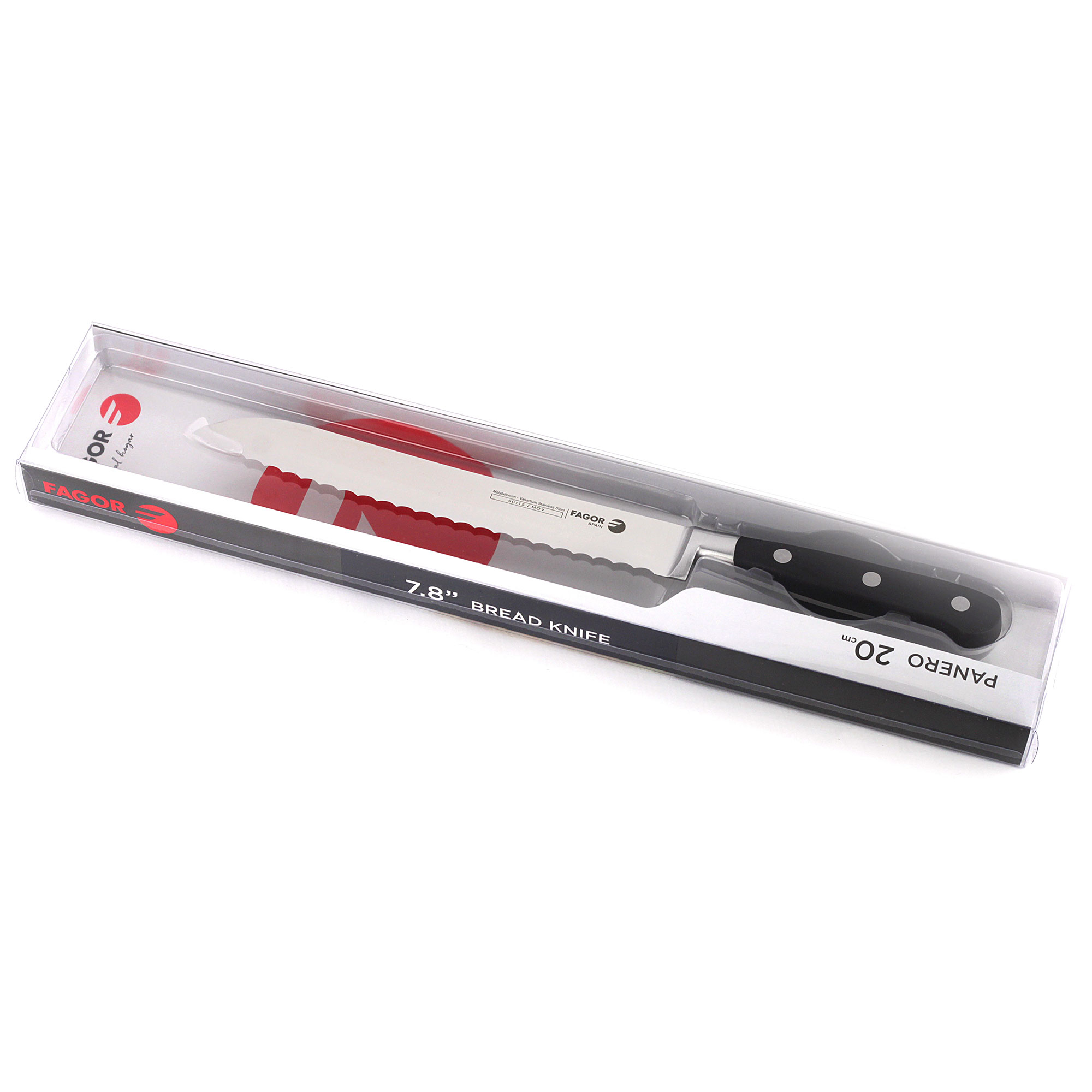 Cuchillo de pan en estuche transparente. Tiene mango negro y hoja dentada. El embalaje es blanco.