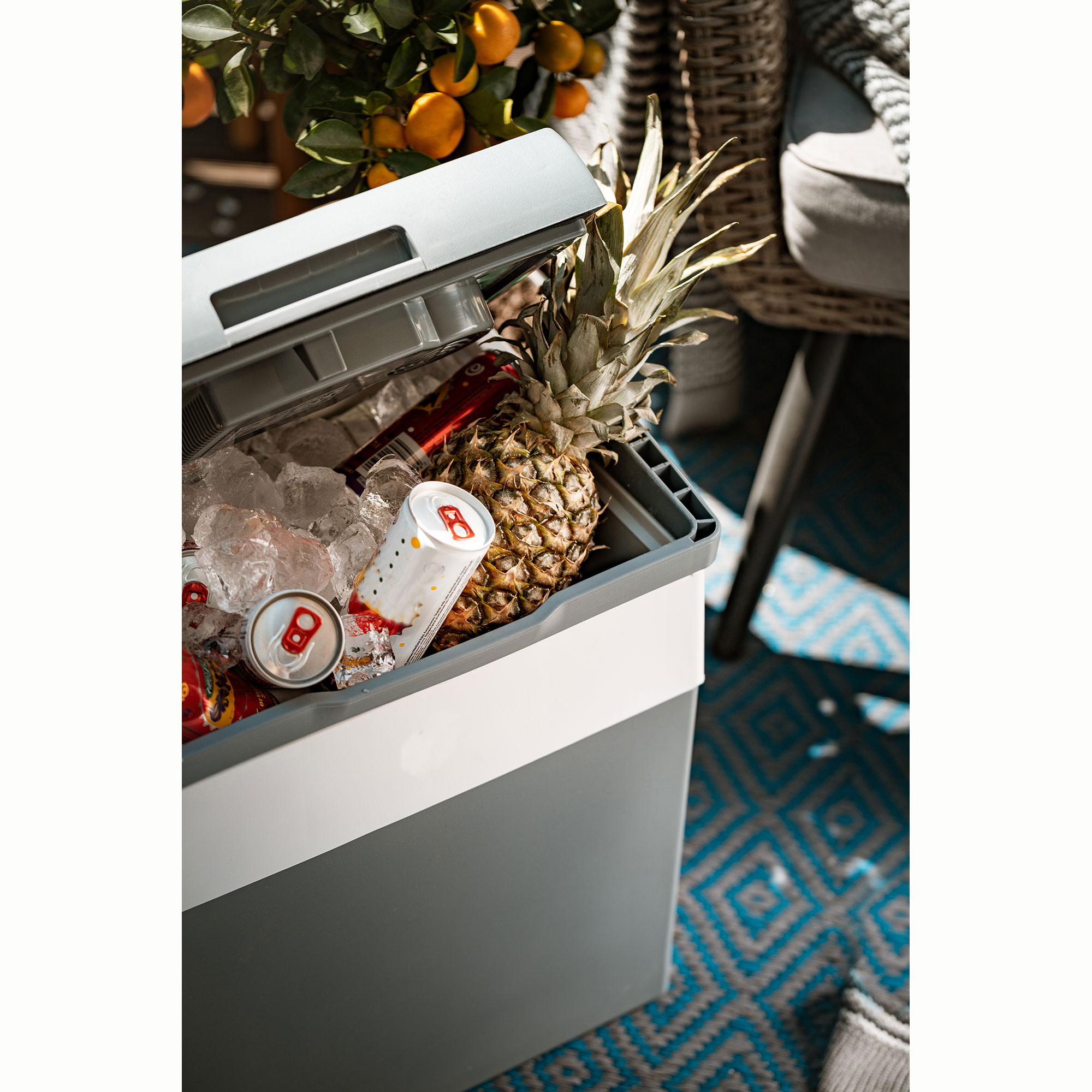 Otwarta lodówka z napojami, lodem i ananasem. Na zewnątrz, niebieski i szary.