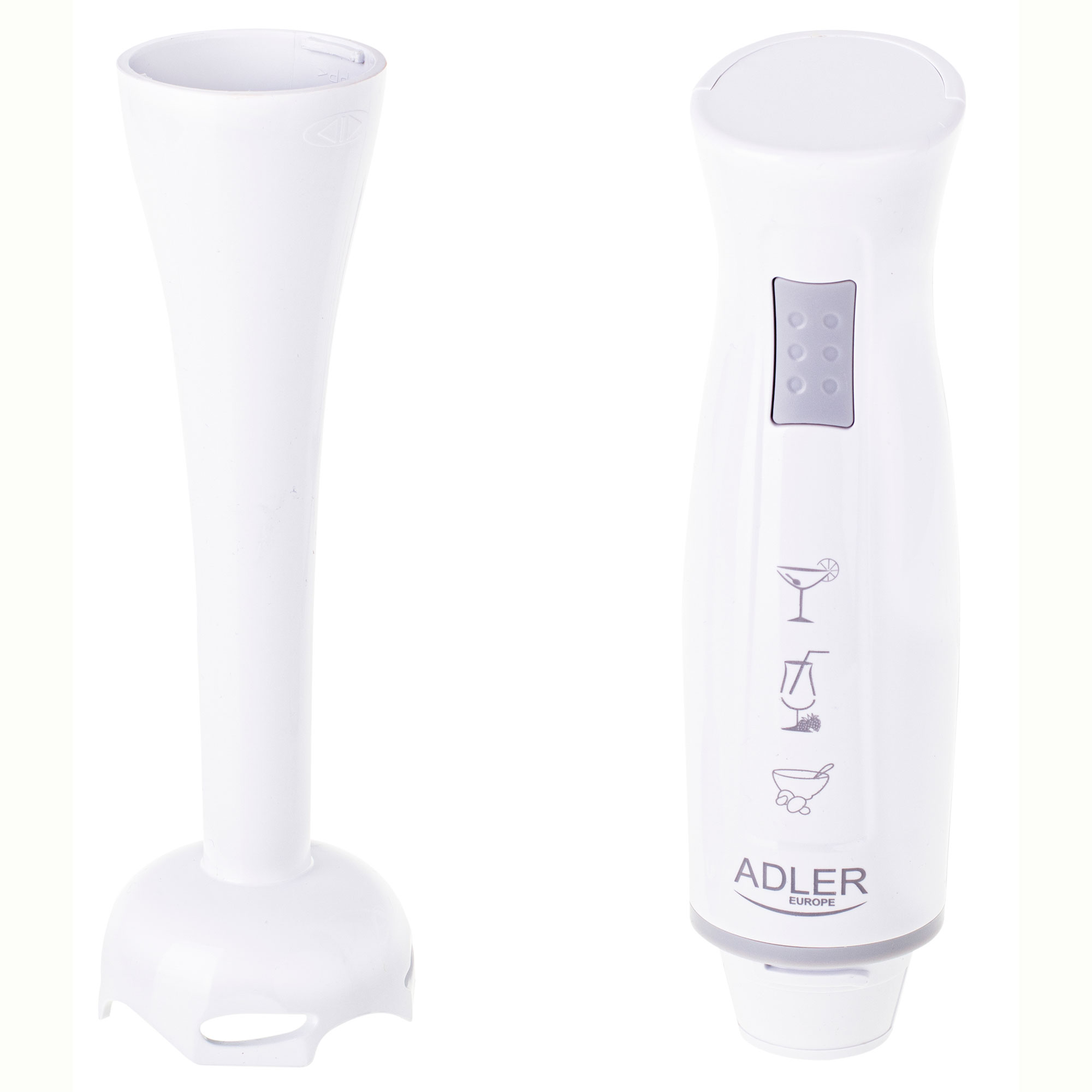 Witte staafmixer met twee delen, een lange mengarm en een motoreenheid met knoppen, op een witte achtergrond.