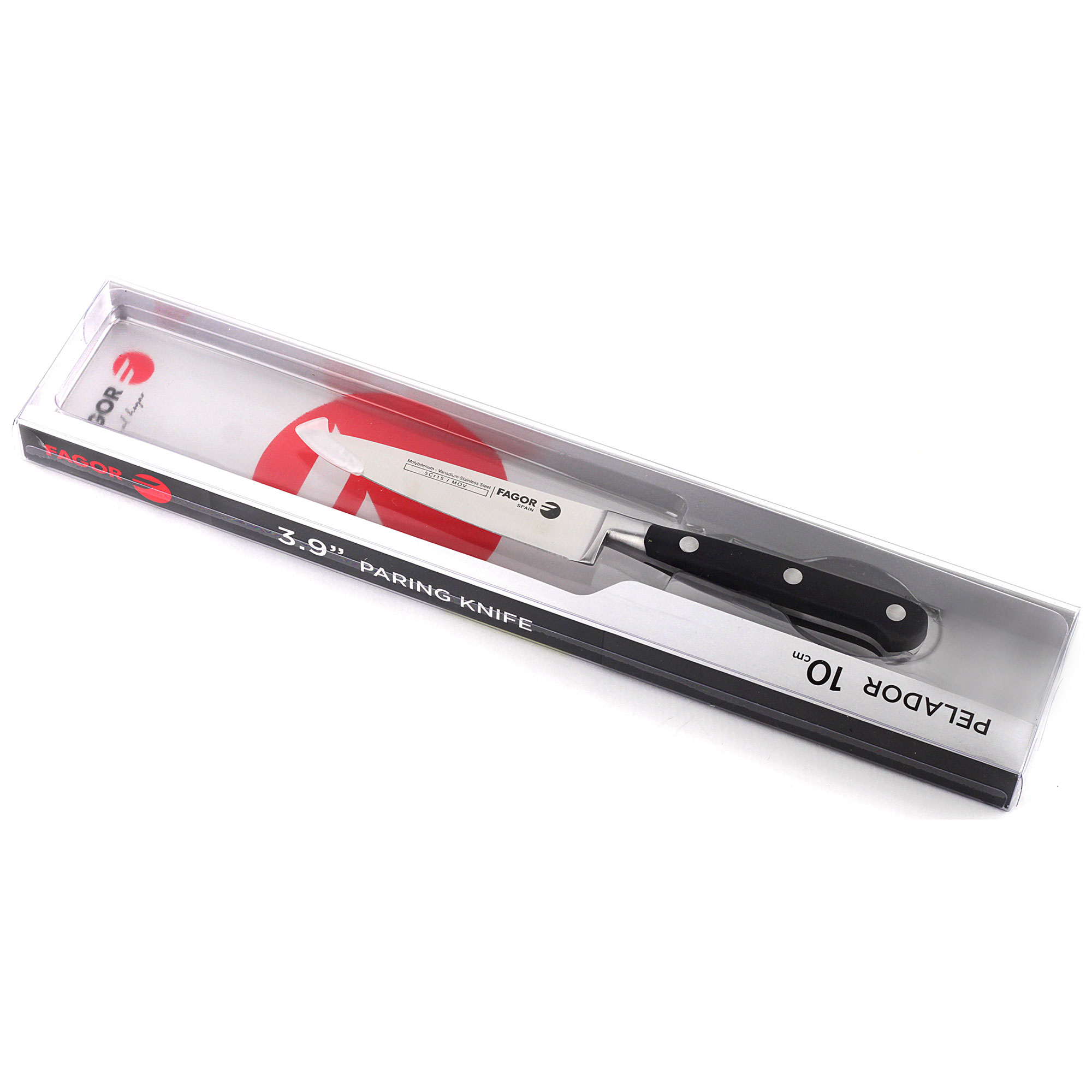 Cuchillo para pelar en embalaje, mango negro, hoja plateada.
