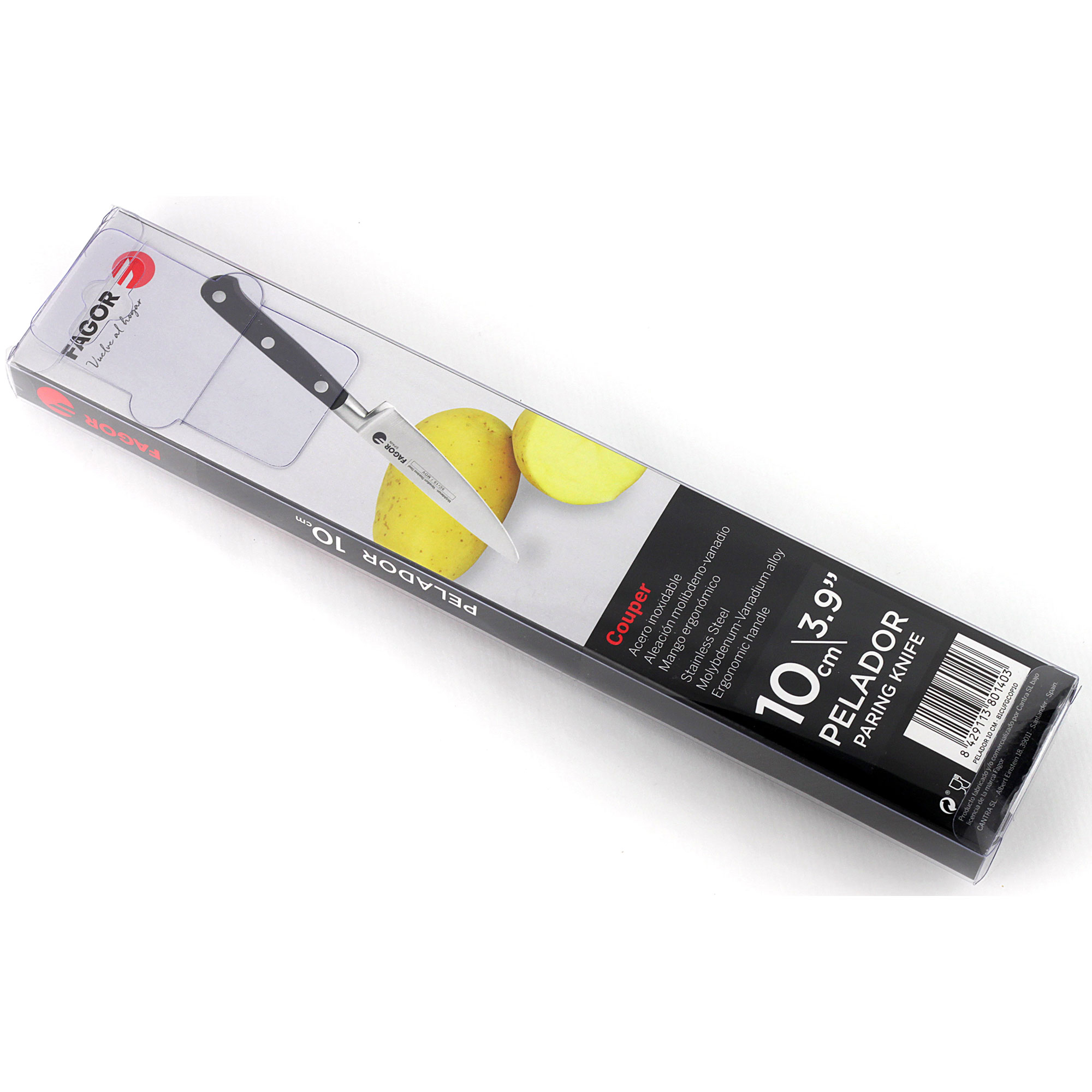 Cuchillo pelador en caja, con mango, sobre una superficie blanca.