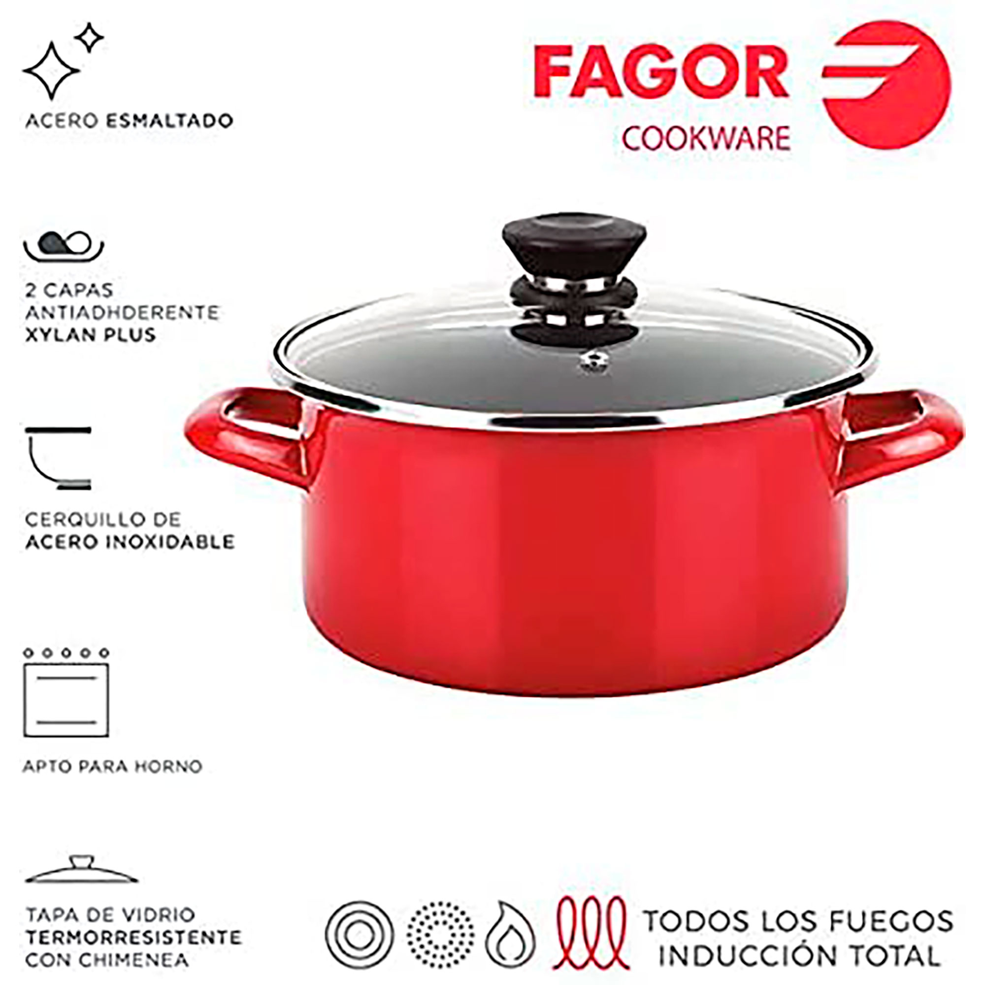 Olla roja Fagor con tapa de vidrio, se muestran características y logo.