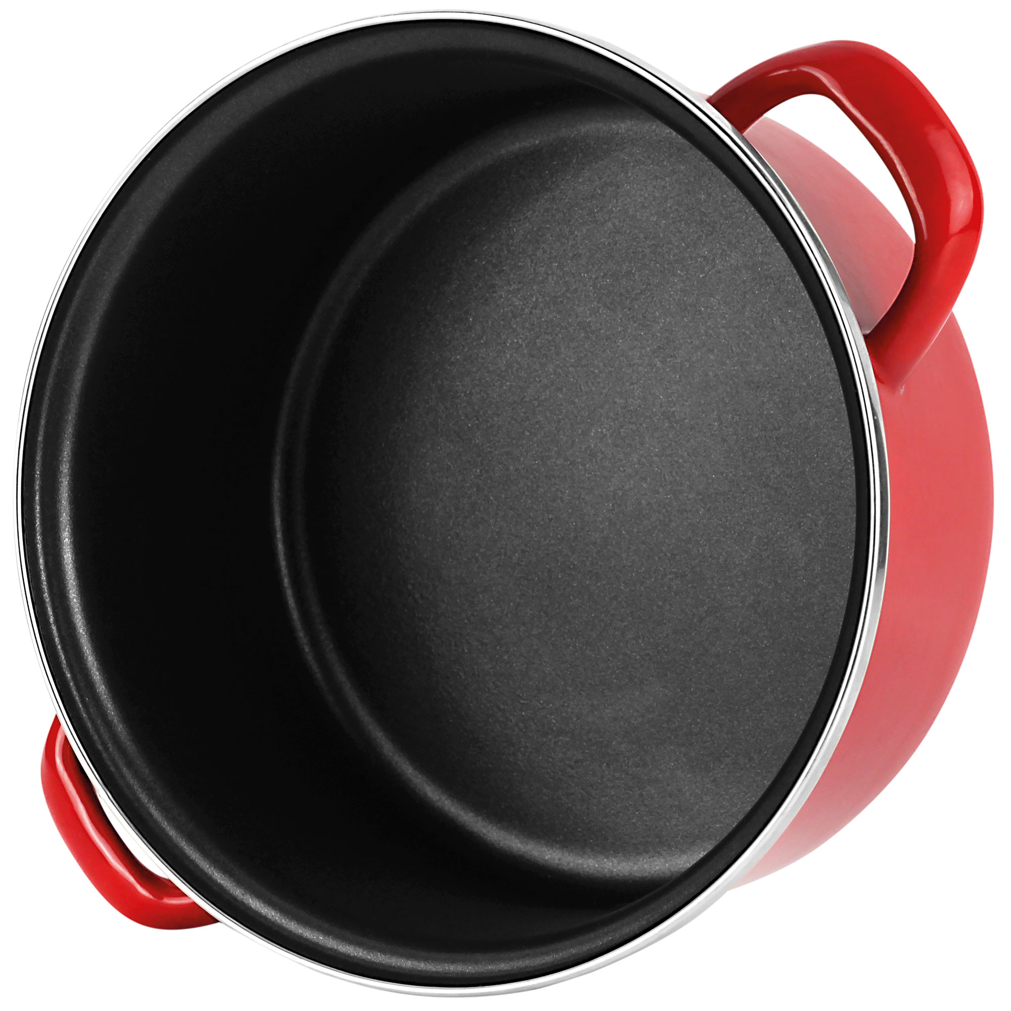 Olla roja, vista superior, con interior negro y asas rojas.