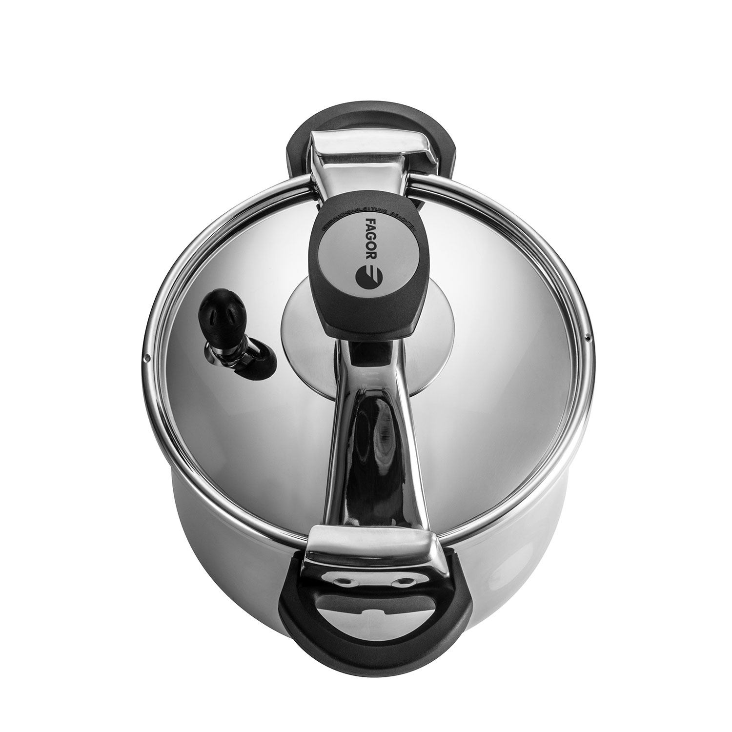 Olla de acero inoxidable con asa negra. La marca es Fagor.