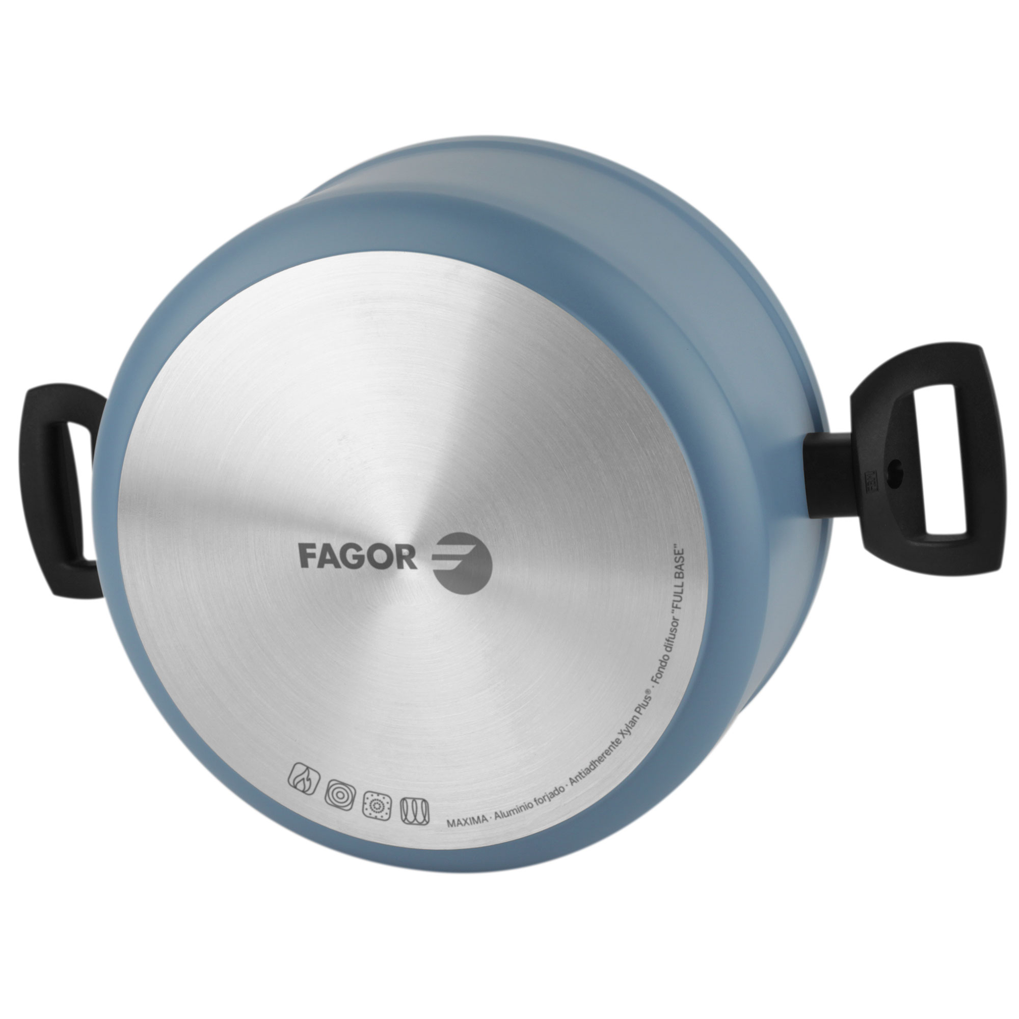 La parte inferior de una olla azul con dos asas negras y una base plateada, que muestra iconos relacionados con la cocina y el logotipo 'FAGOR'.