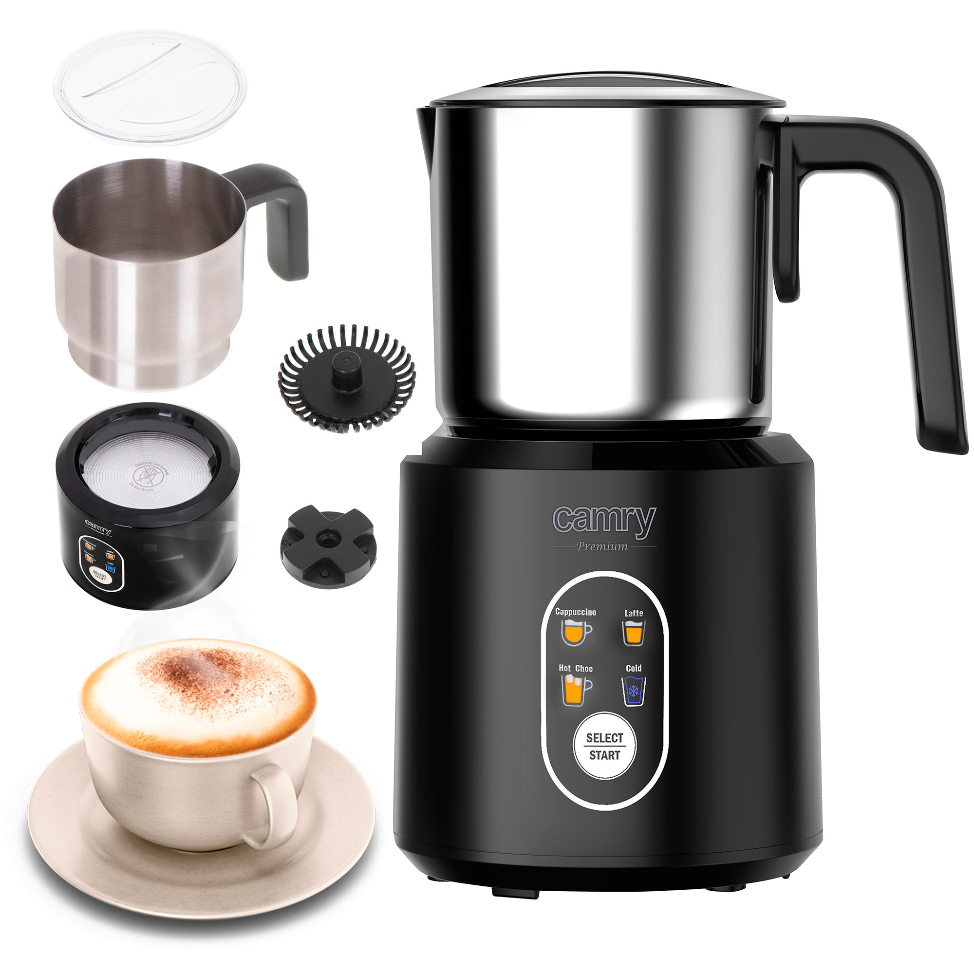 Un espumador de leche negro y plateado con accesorios y una taza de capuchino en un platillo.