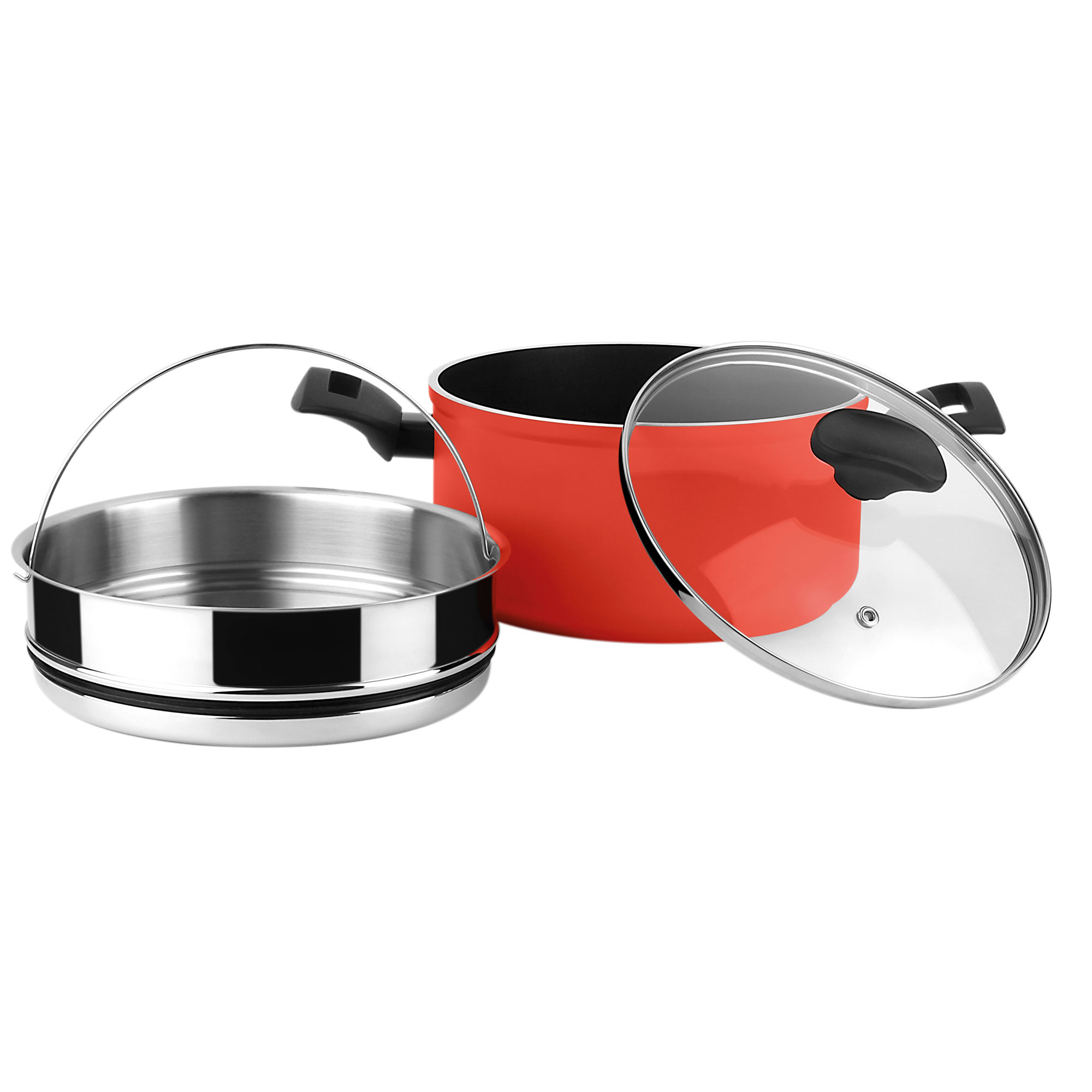 Una olla roja con tapa y una vaporera de acero inoxidable al lado.
