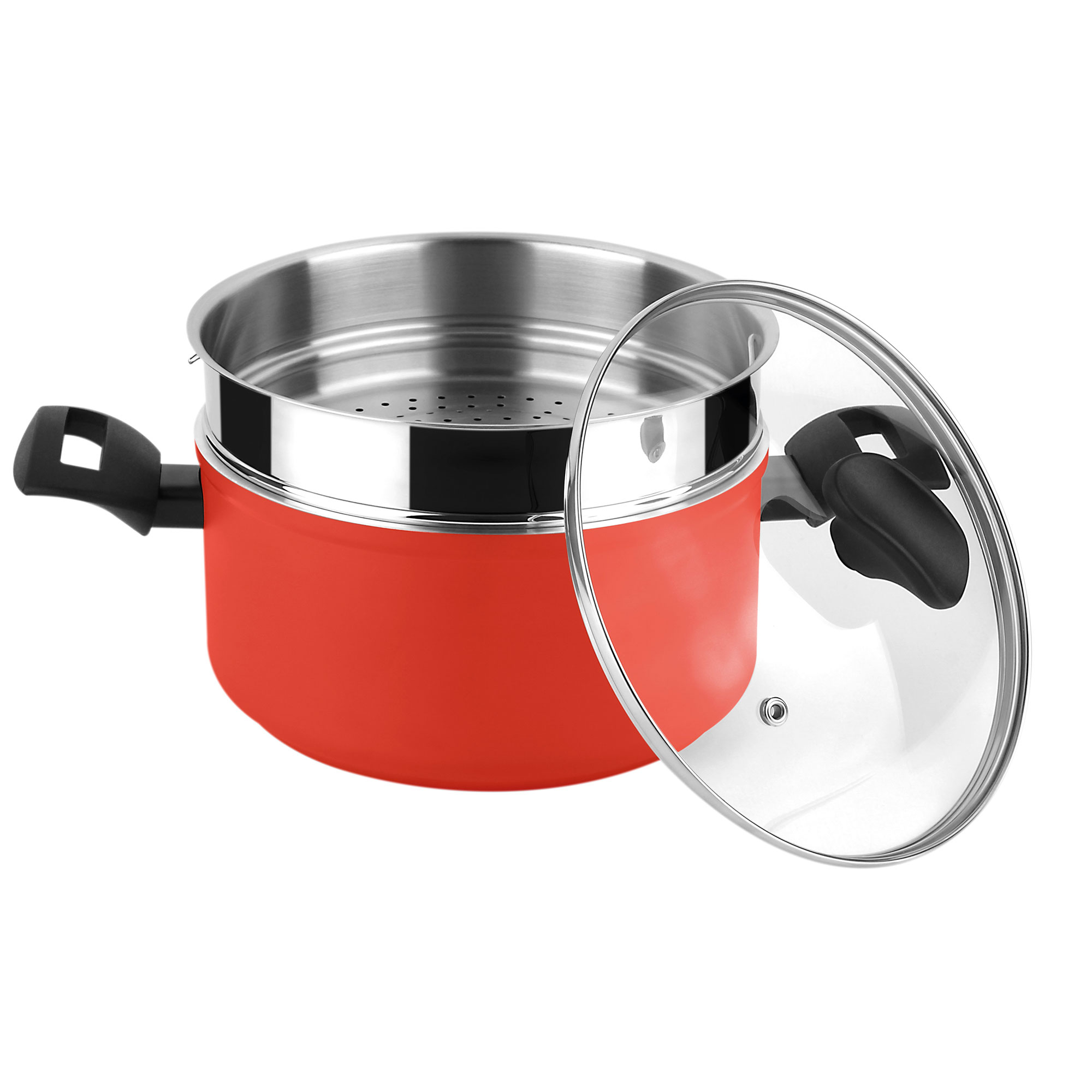 Olla vaporera roja y plateada con tapa de vidrio.