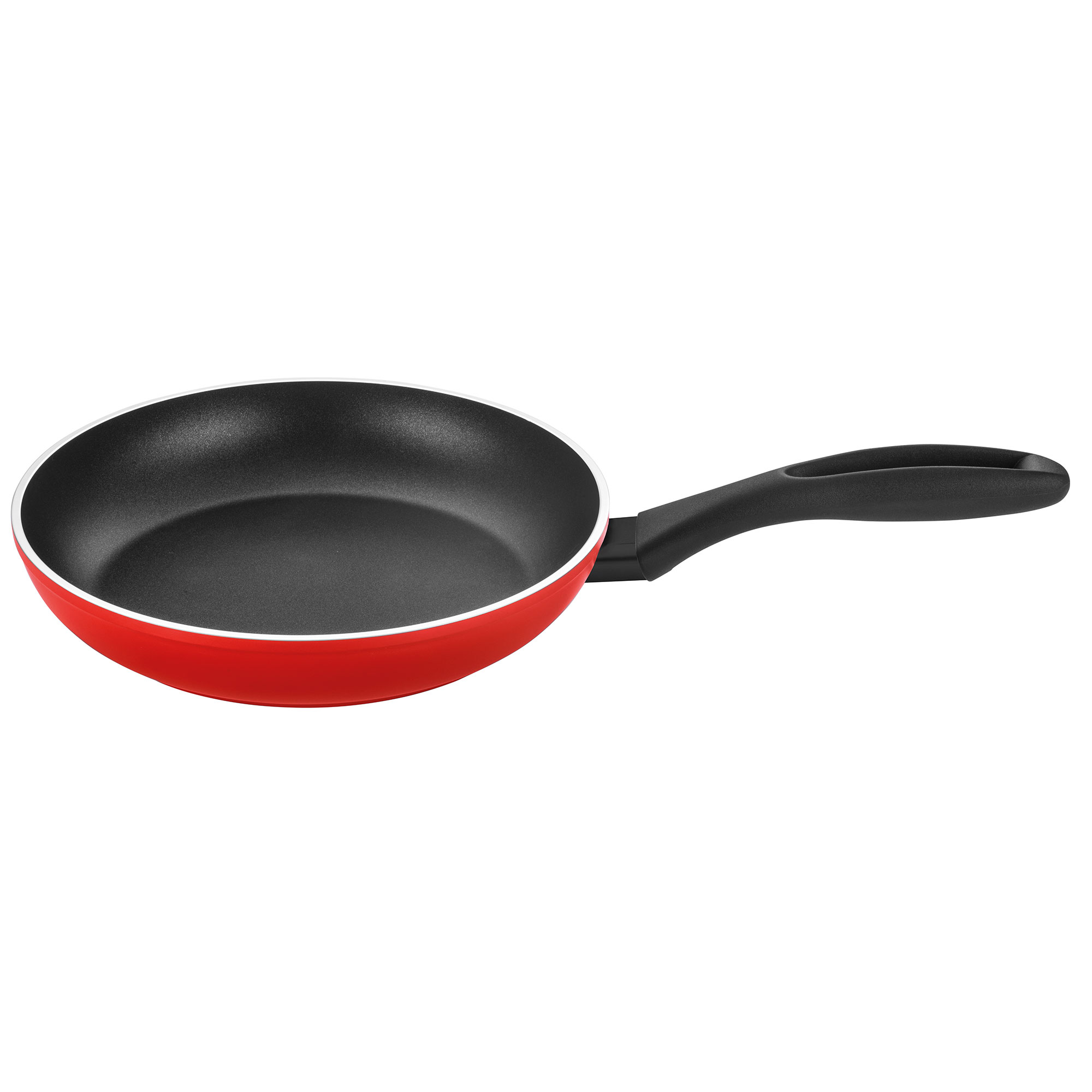 Una sartén roja con mango negro sobre fondo blanco. La sartén está vacía.
