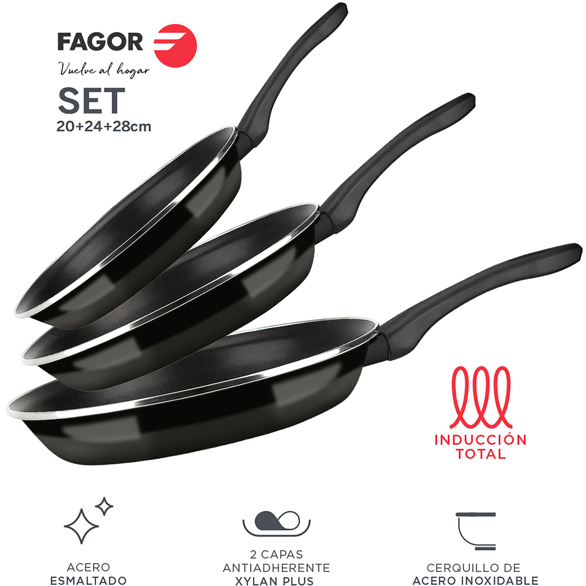 Juego de 3 sartenes negras con mangos largos, interior negro y símbolo de inducción.