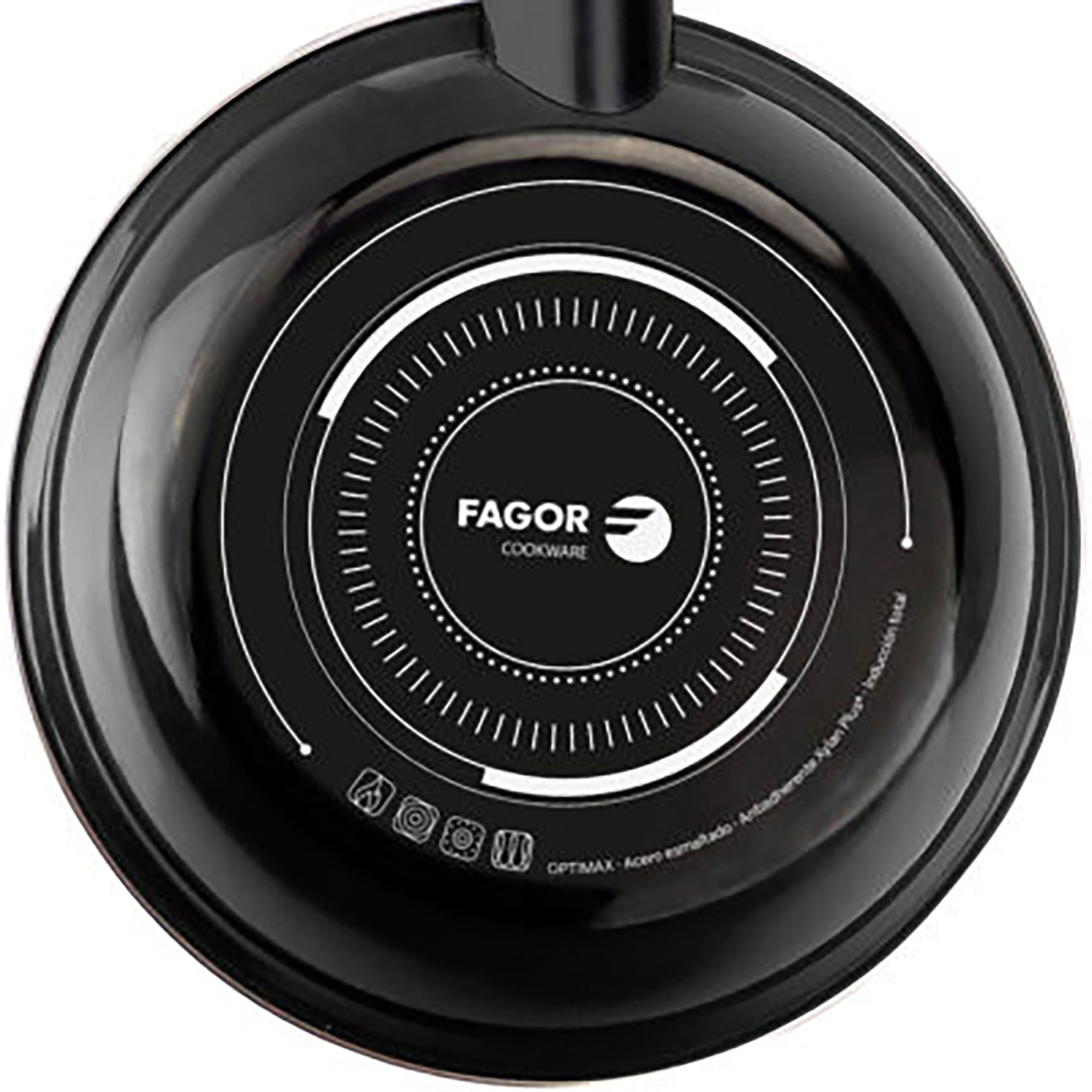 Parte inferior de una sartén Fagor negra, mostrando la base con marcas y logo.