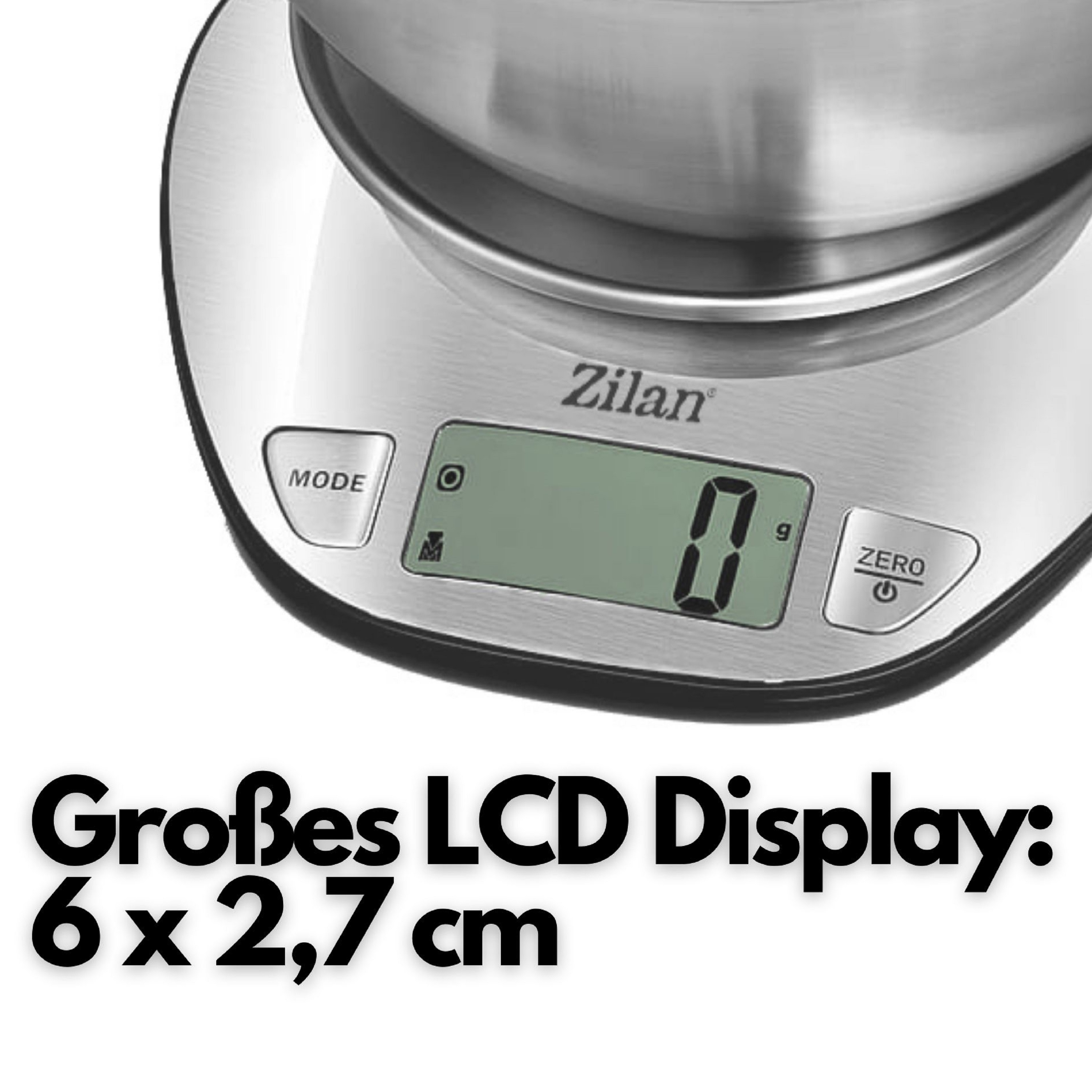 Sıfır gösteren dijital mutfak terazisi, 'Großes LCD Display' metniyle.