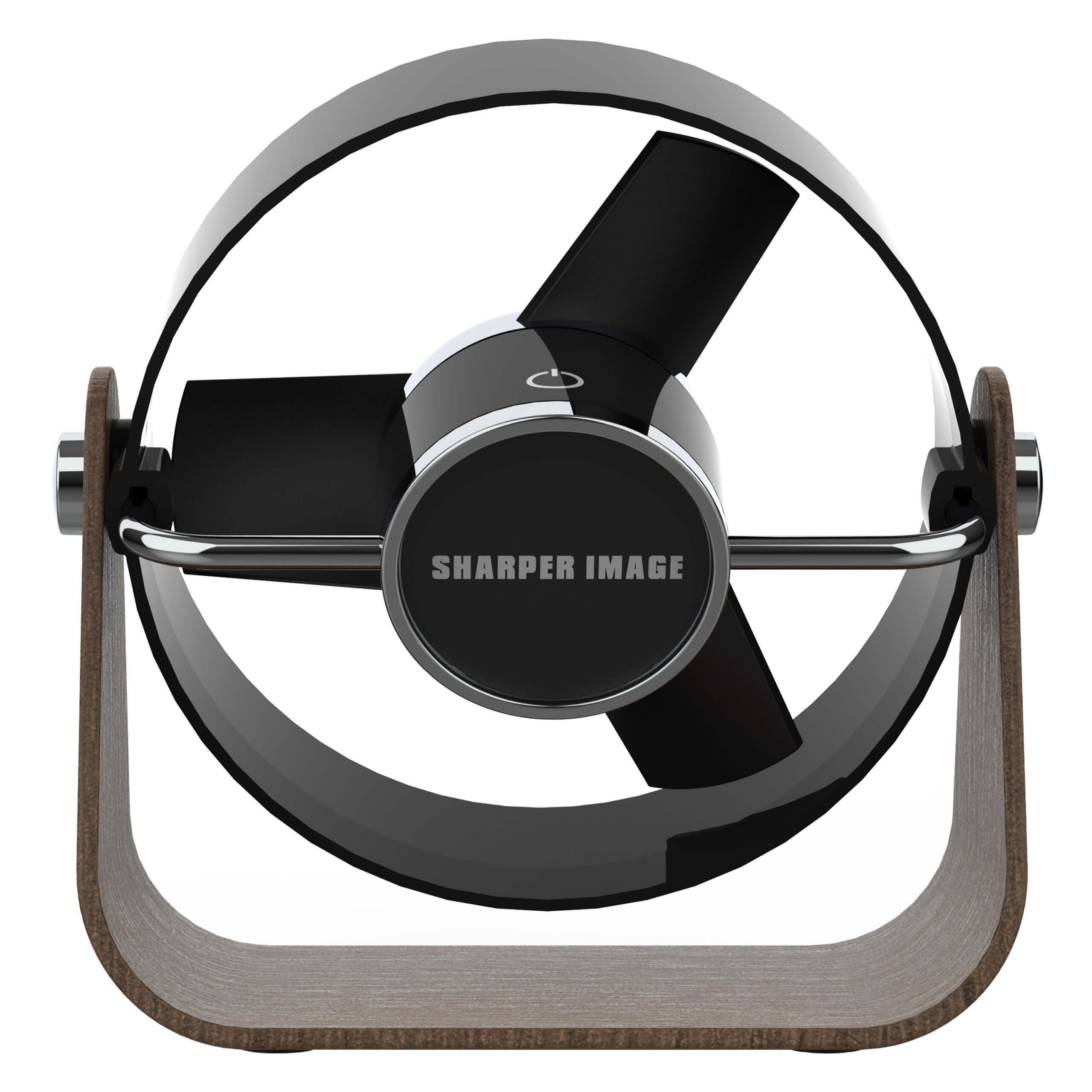 Schwarz-silberner Ventilator mit drei Flügeln, auf einem Holzrahmen, mit Sharper Image Logo.