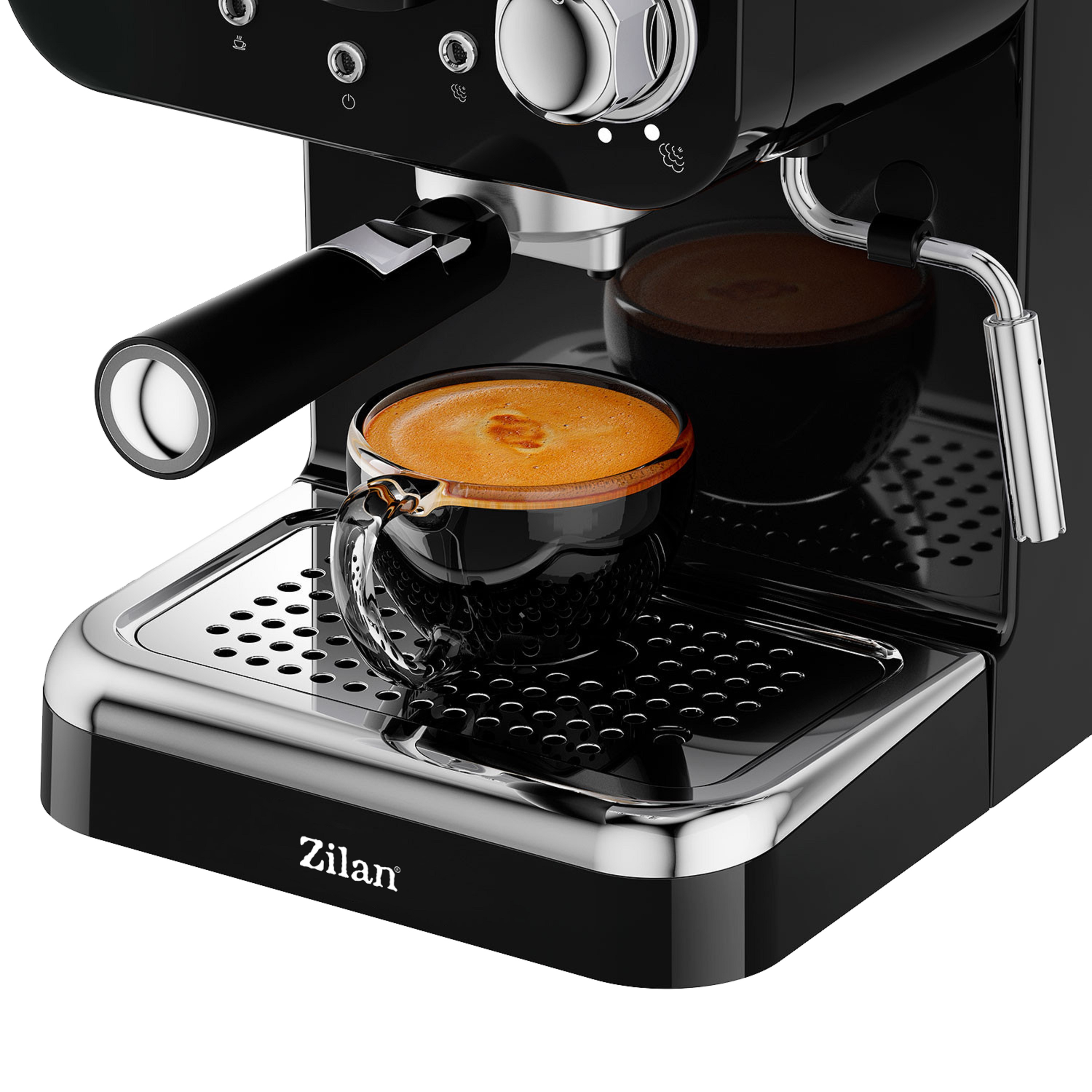 Gümüş bir tepside kahve dolu bir cam fincanlı siyah espresso makinesi.