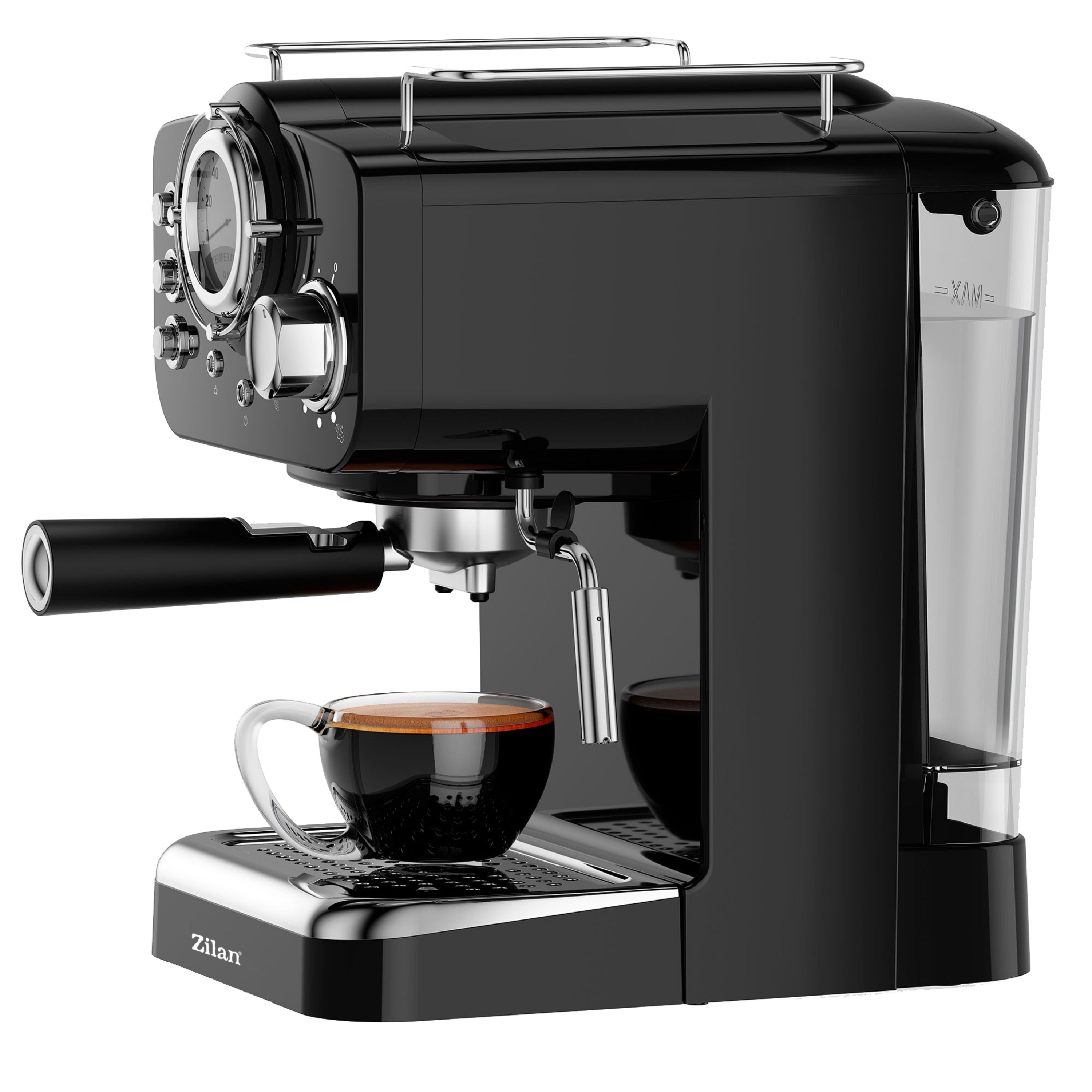 Bir fincan kahve ile siyah espresso makinesi. Gümüş detaylar, siyah zemin.