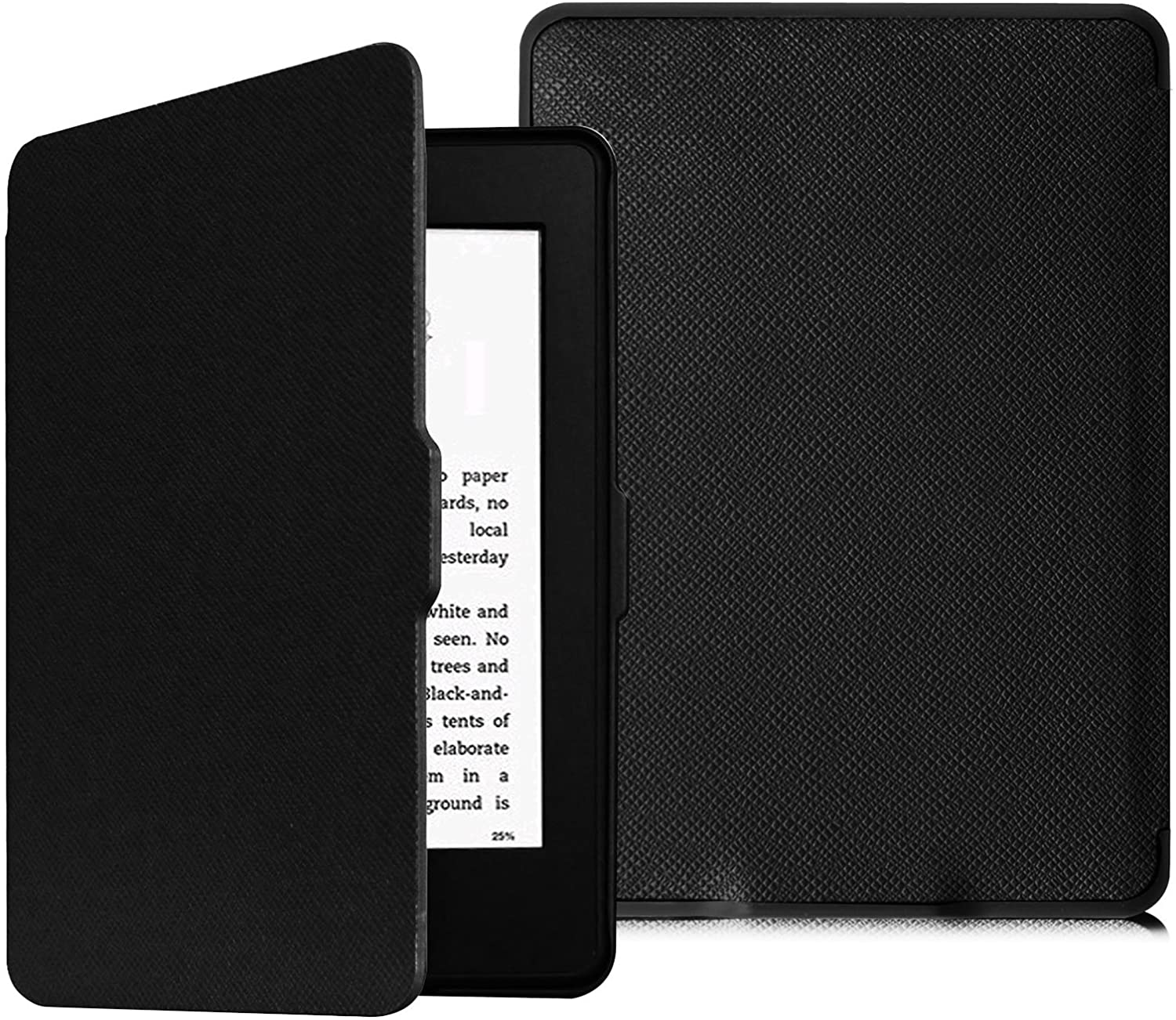 Schwarzer E-Reader in schwarzem Cover, zeigt Text auf dem Bildschirm, teilweise geöffnet.
