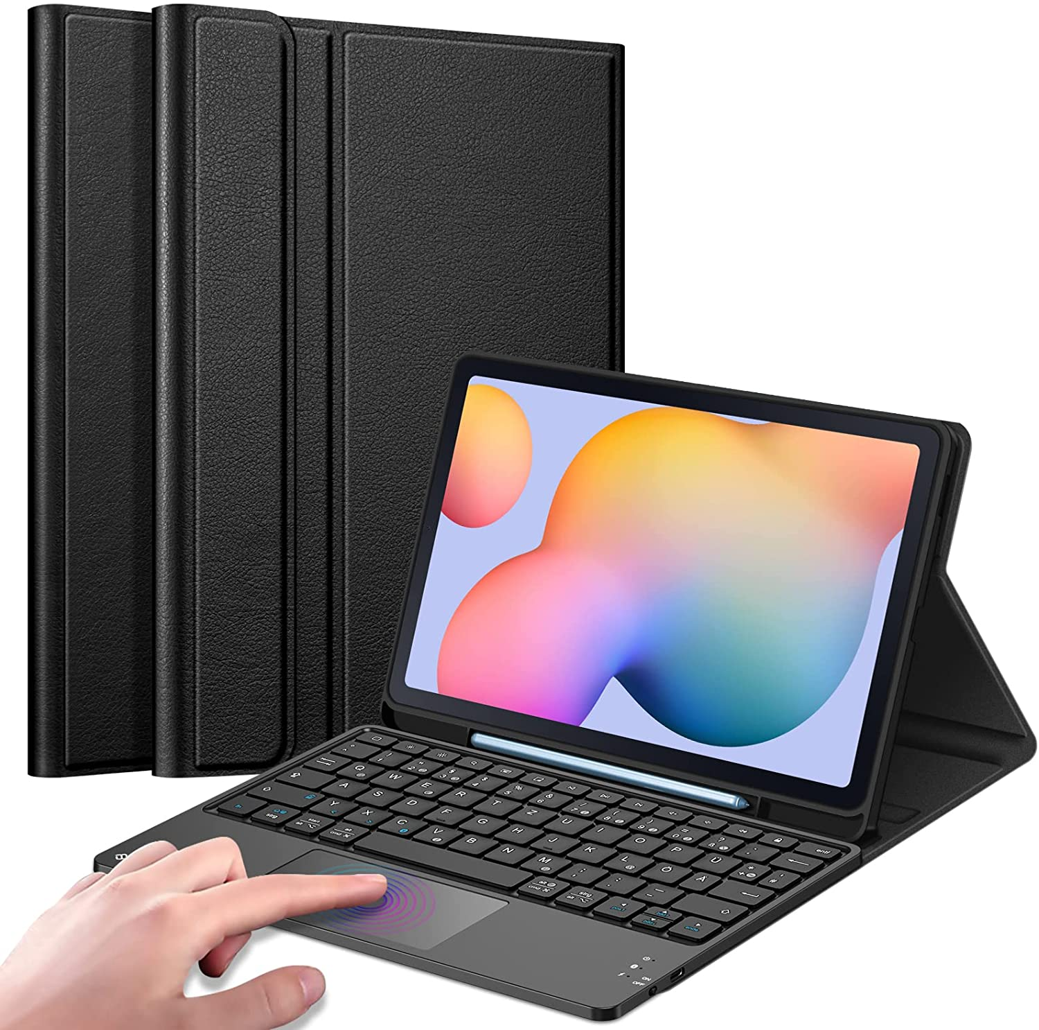 Tablet mit Tastatur, Stift und Hüllen, schwarz. Eine Hand berührt das Touchpad. Sichtbarer Bildschirm und Tastatur.