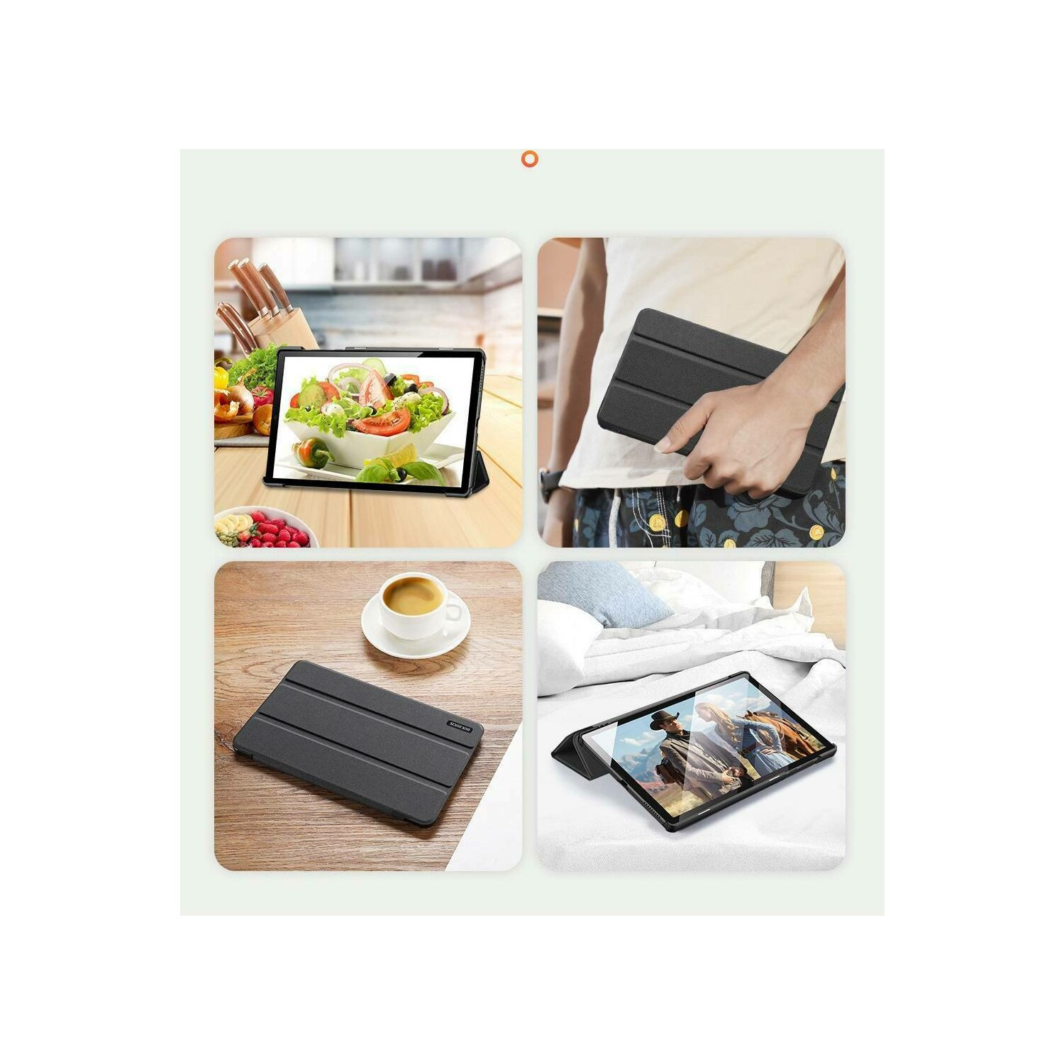 Ein Tablet in einer schwarzen Hülle, mit Bildern der Verwendung.