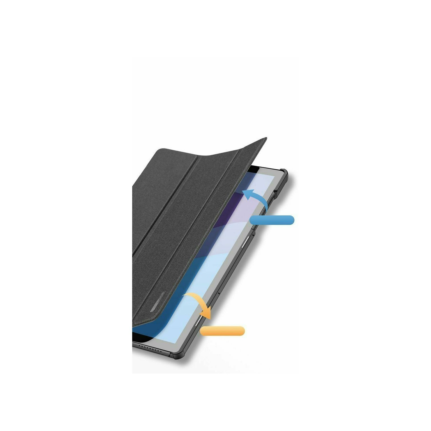 Tablet in einer schwarzen Hülle, teilweise geöffnet, mit blauem und orangem Pfeil.