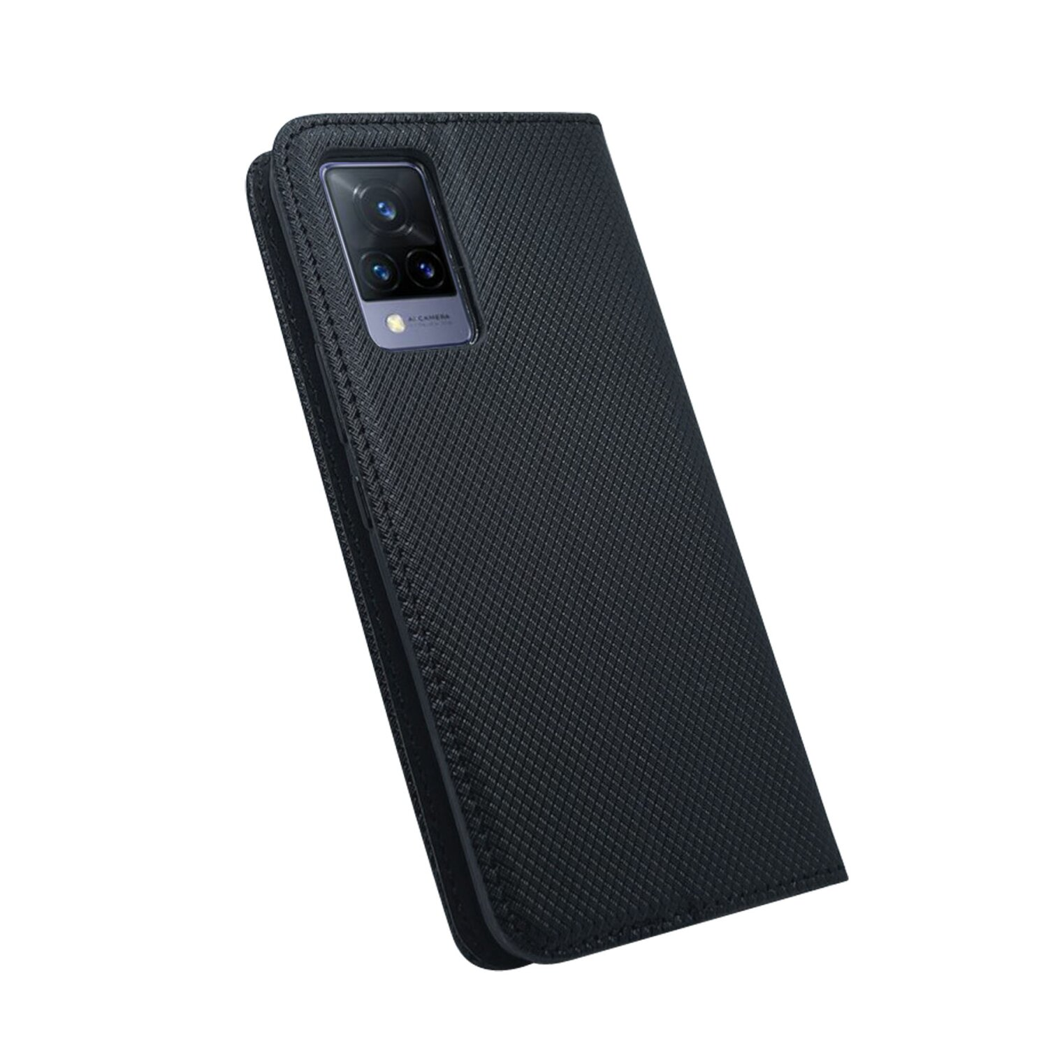 Una custodia per telefono nera con un ritaglio per la fotocamera, chiusa, su sfondo bianco.
