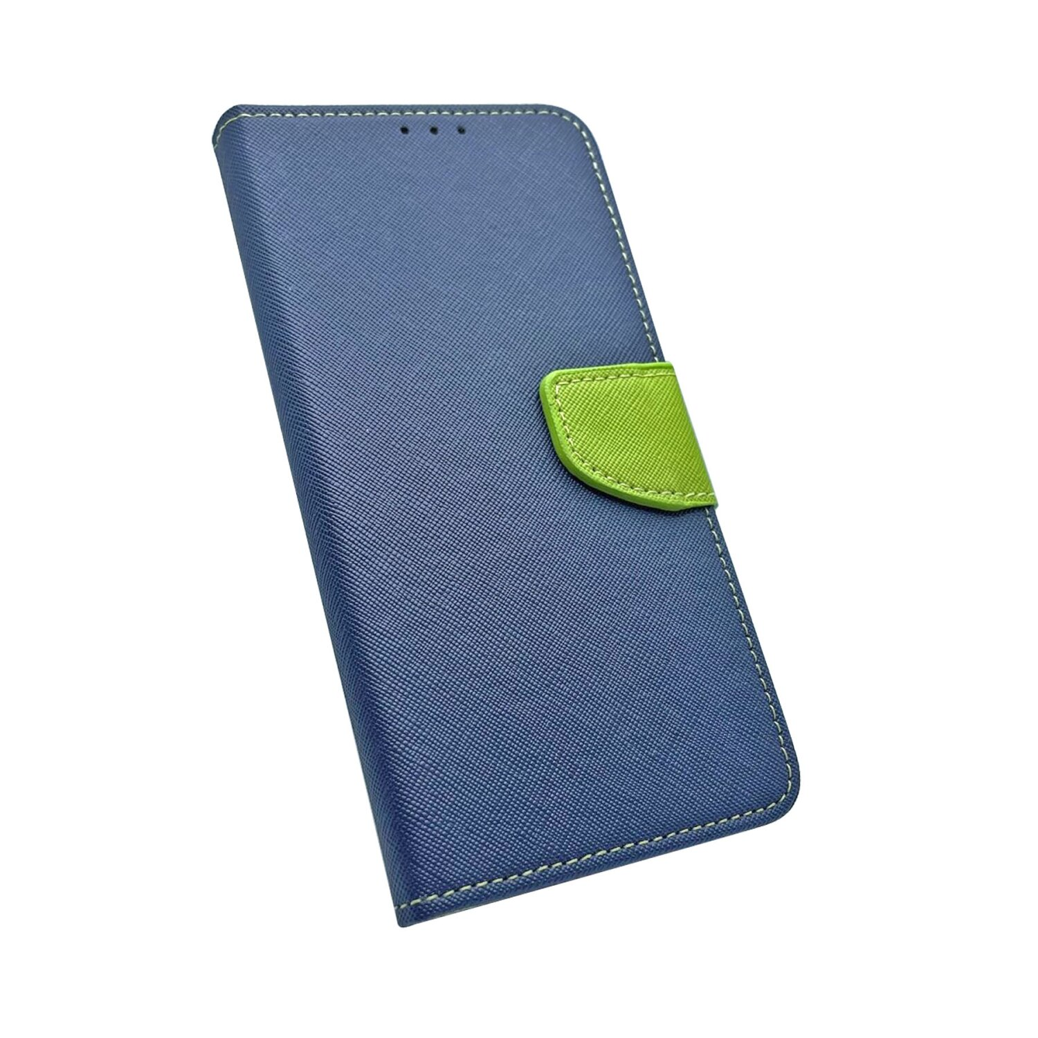 Una custodia blu per telefono con chiusura verde e superficie strutturata, isolata su sfondo bianco.