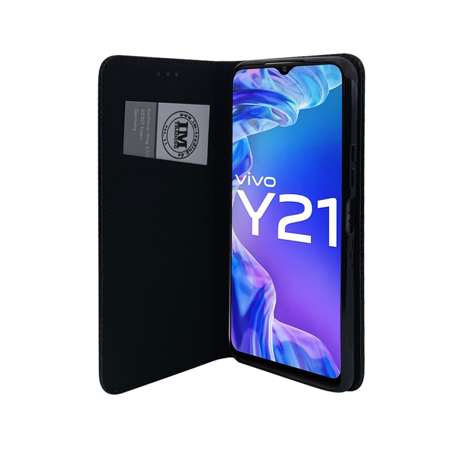 Una custodia per telefono nera con un design a portafoglio e il logo Vivo Y21. La custodia è aperta, mostrando lo schermo del telefono.